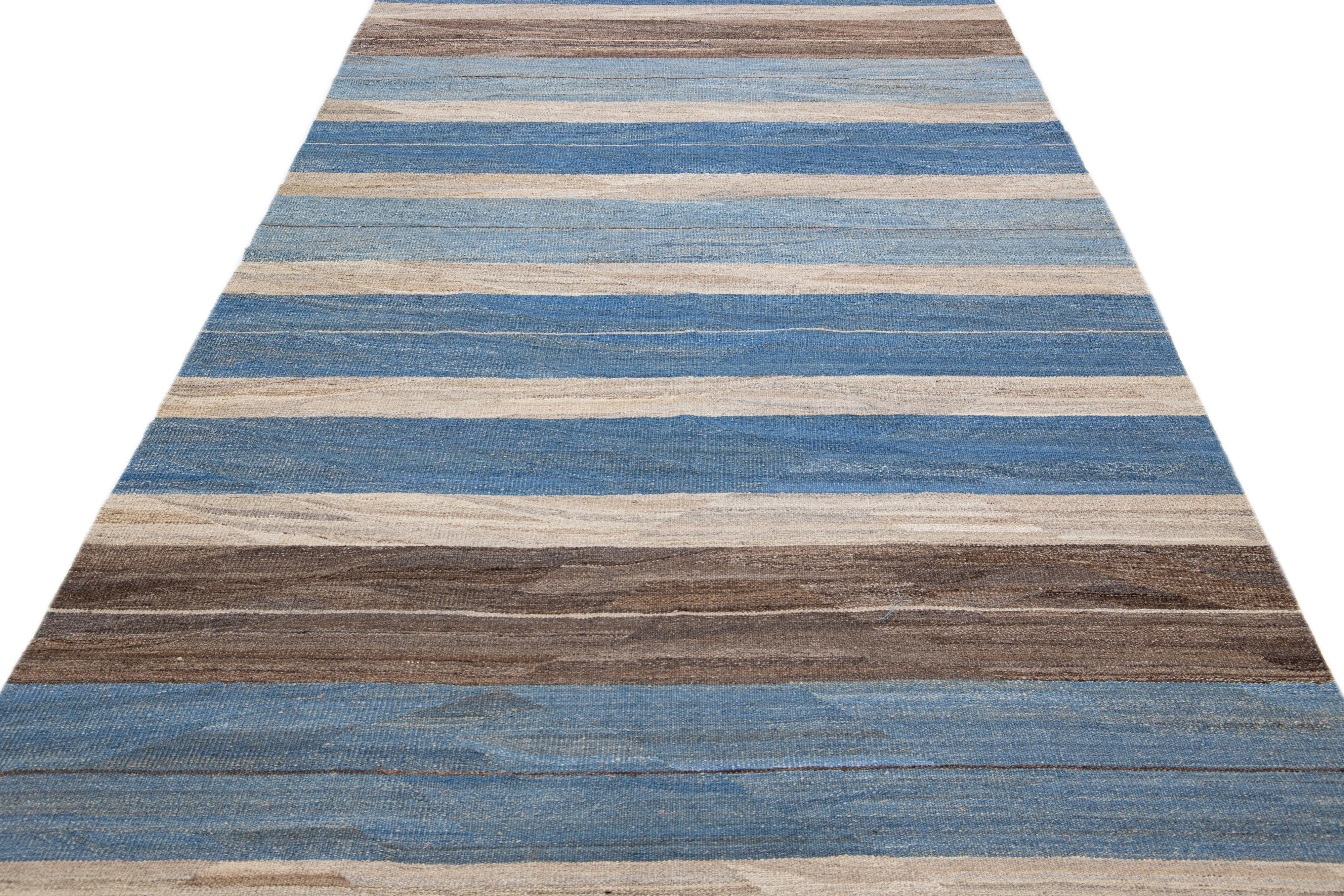 Kilim Modern Striped Flat-Weave Handmade Blue and Brown Wool Runner For Sale