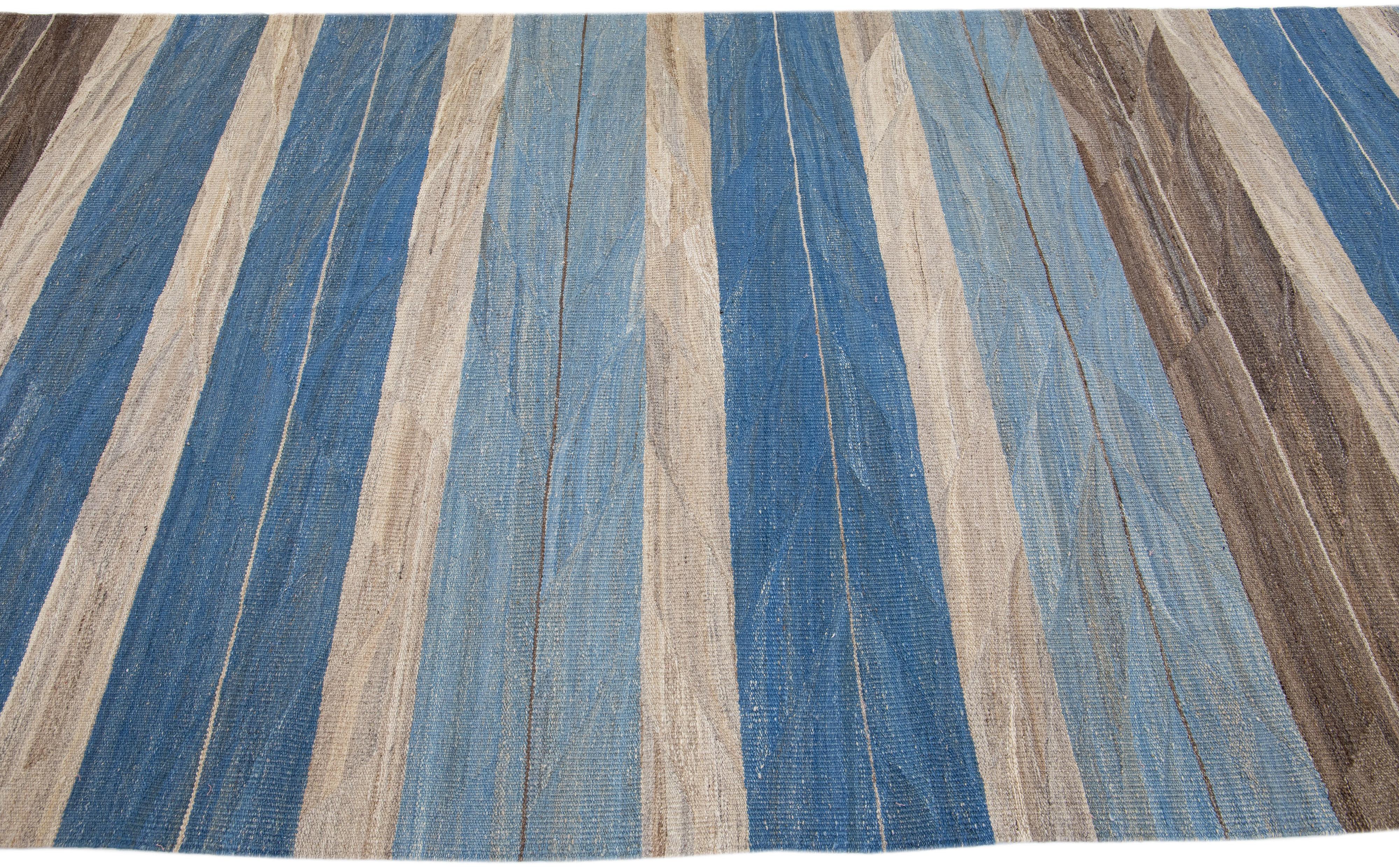Hand-Woven Modern Striped Flat-Weave Handmade Blue and Brown Wool Runner For Sale
