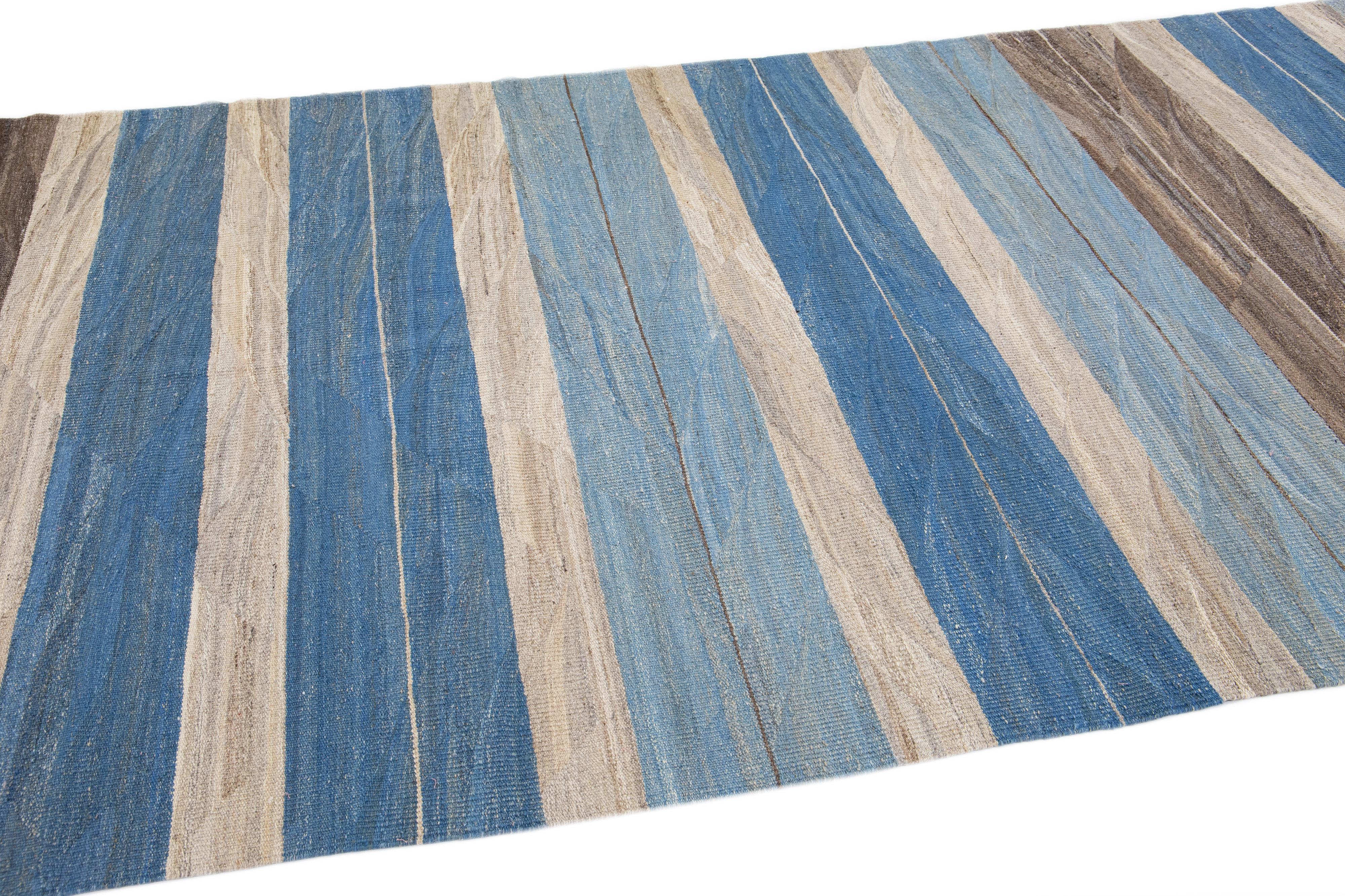 Contemporary Modern Striped Flat-Weave Handmade Blue and Brown Wool Runner For Sale