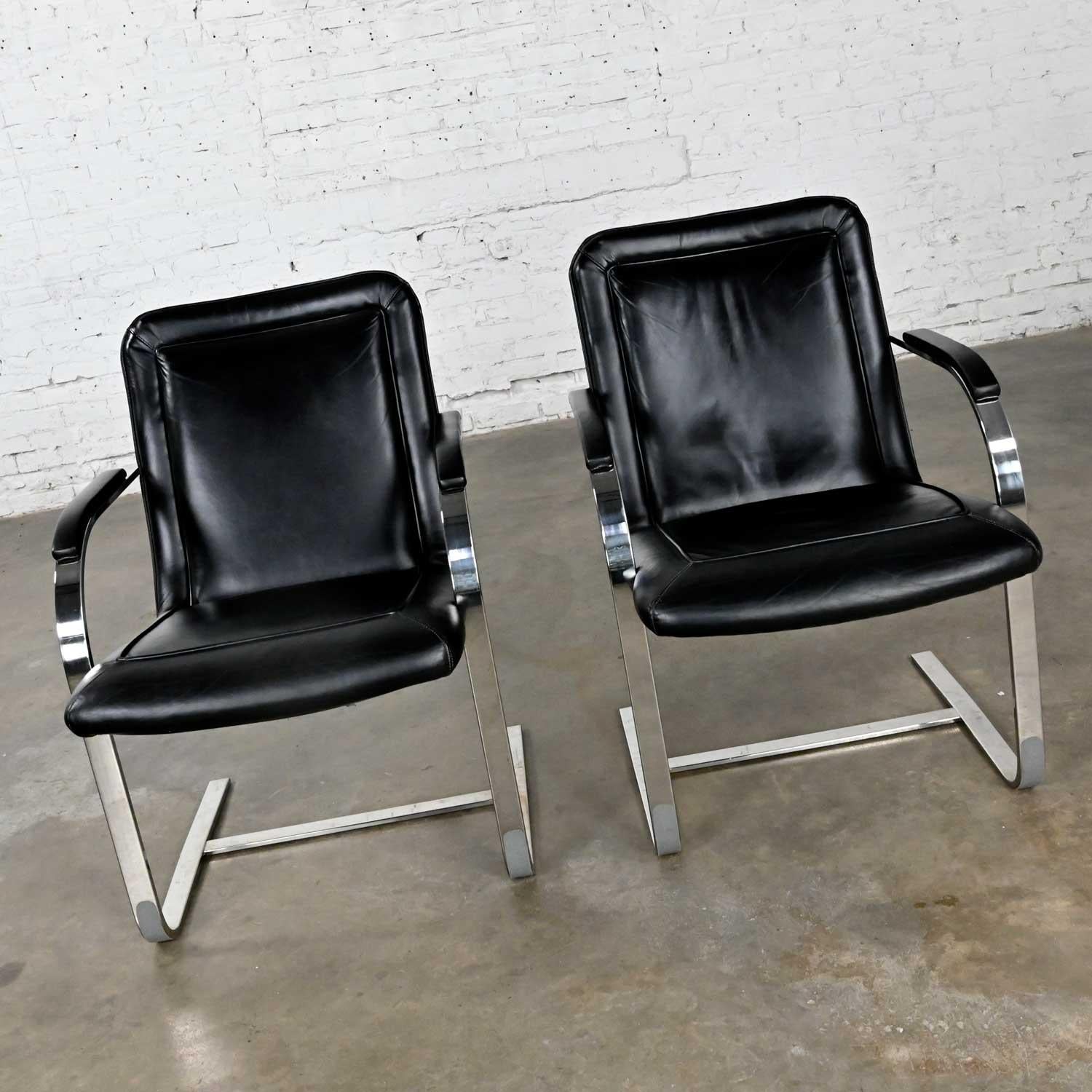 American Modern St Timothy Chair Cantilever Chairs Chrome Rectangle Tube & Black Leather For Sale