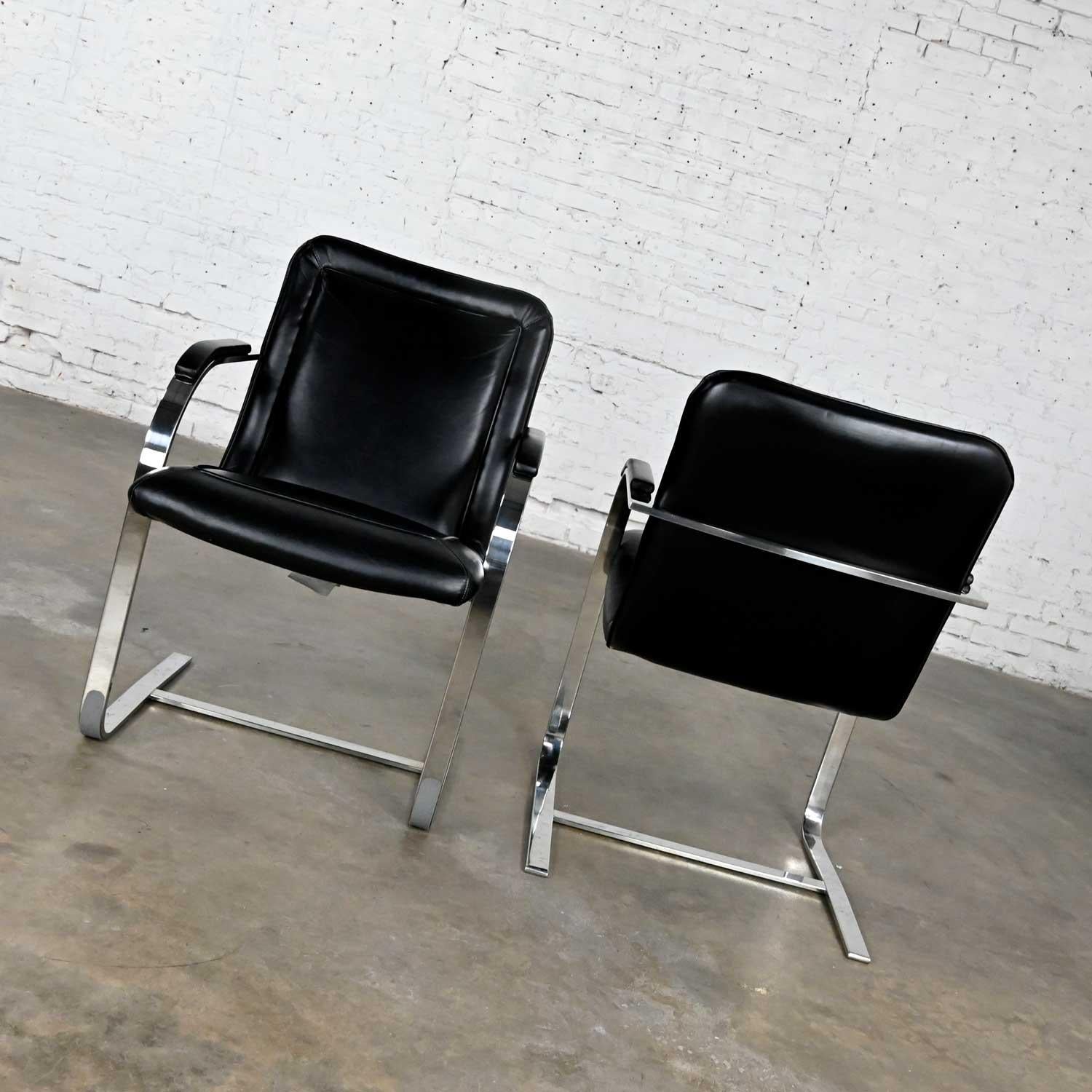Late 20th Century Modern St Timothy Chair Cantilever Chairs Chrome Rectangle Tube & Black Leather For Sale