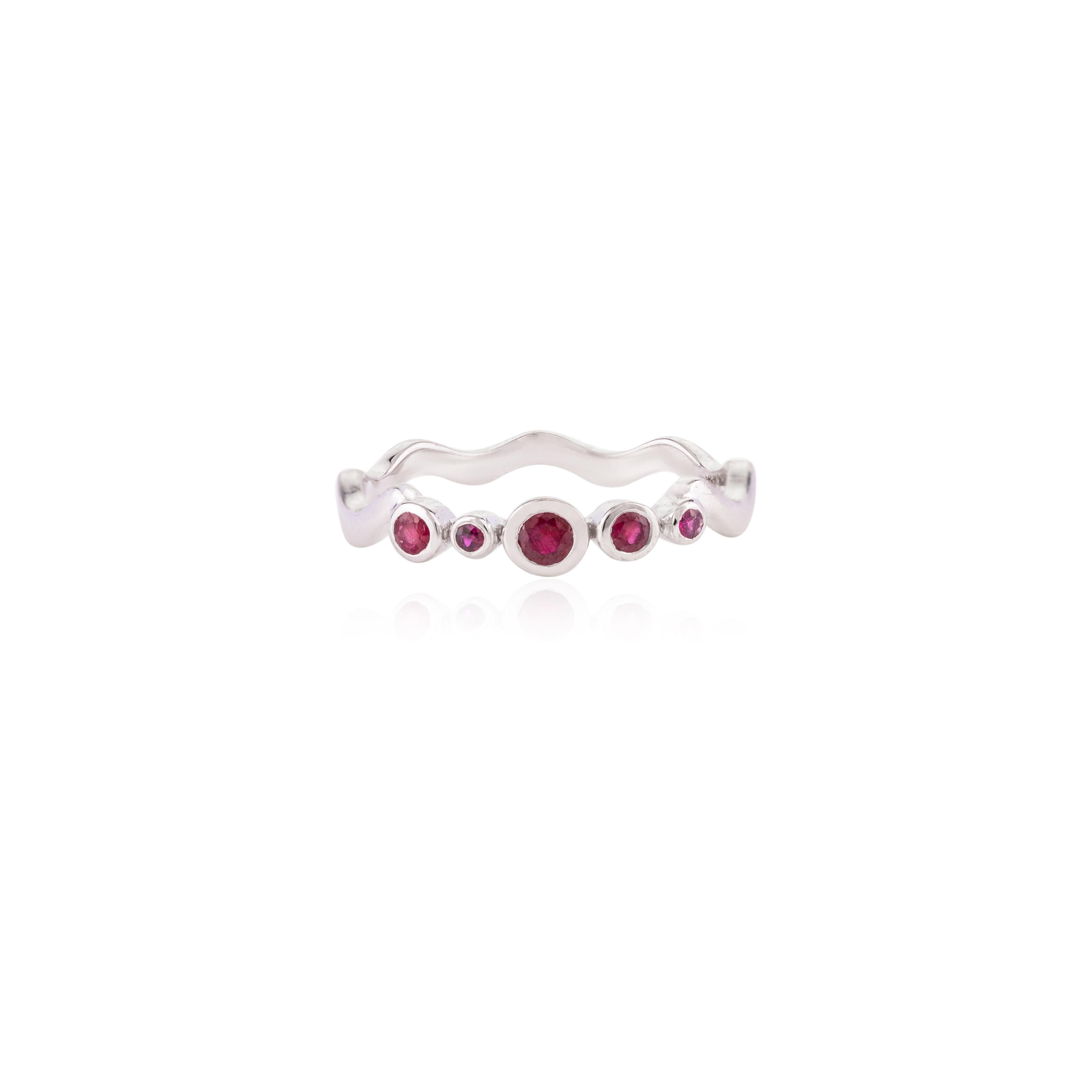 For Sale:  Modern Stackable Ruby Wave Band Ring in 18k Solid White Gold, Valentine Gift 4