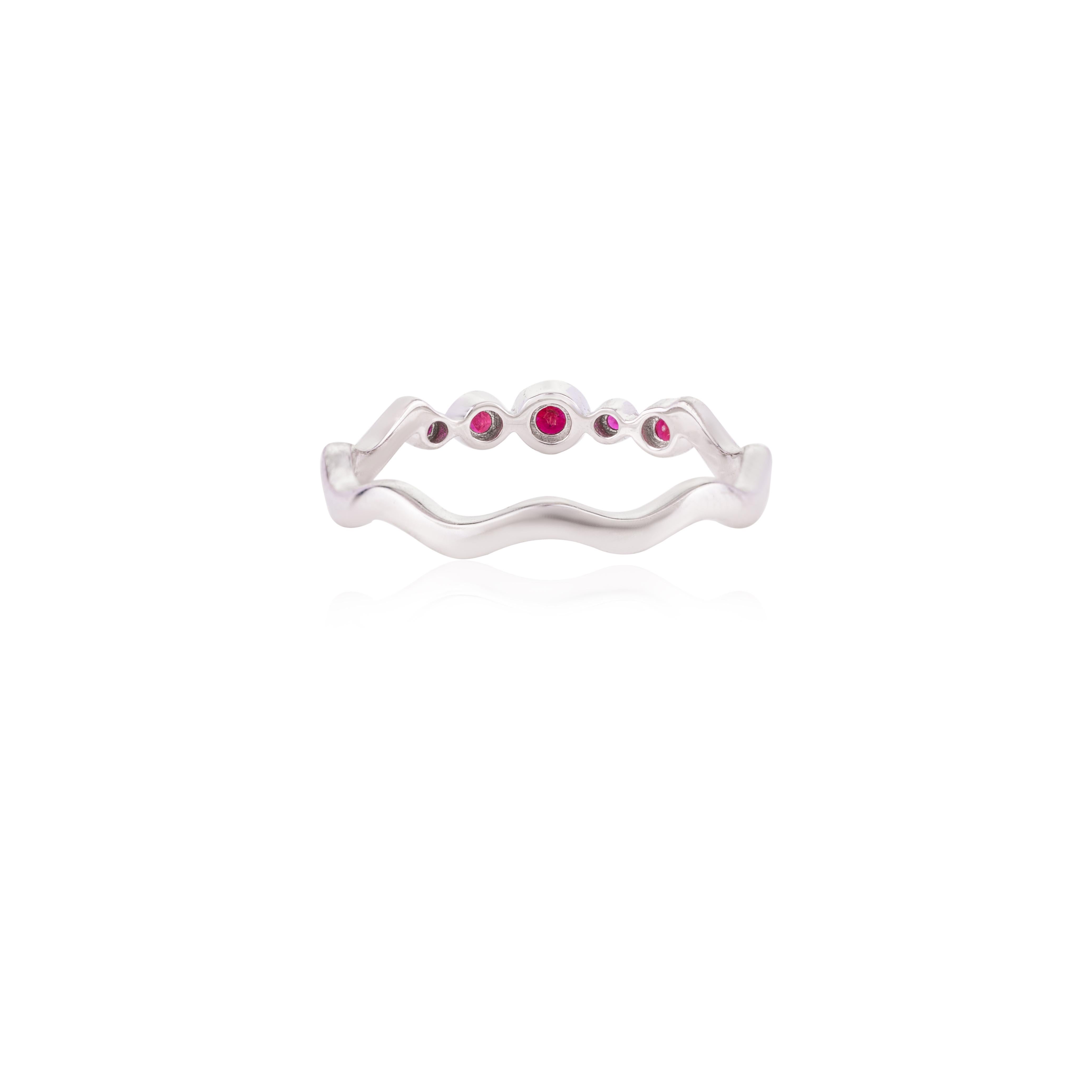 For Sale:  Modern Stackable Ruby Wave Band Ring in 18k Solid White Gold, Valentine Gift 7