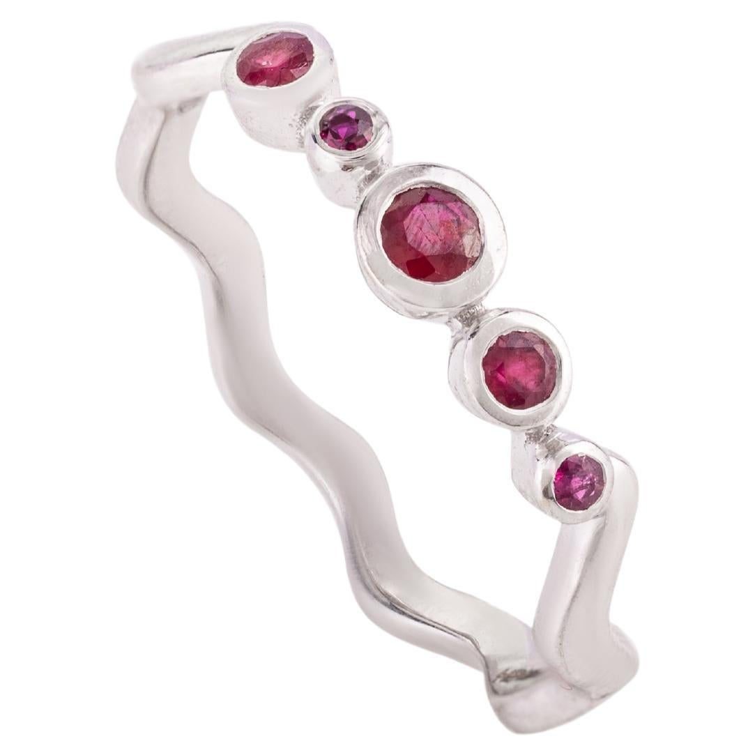 Modern Stackable Ruby Wave Band Ring in 18k Solid White Gold, Valentine Gift