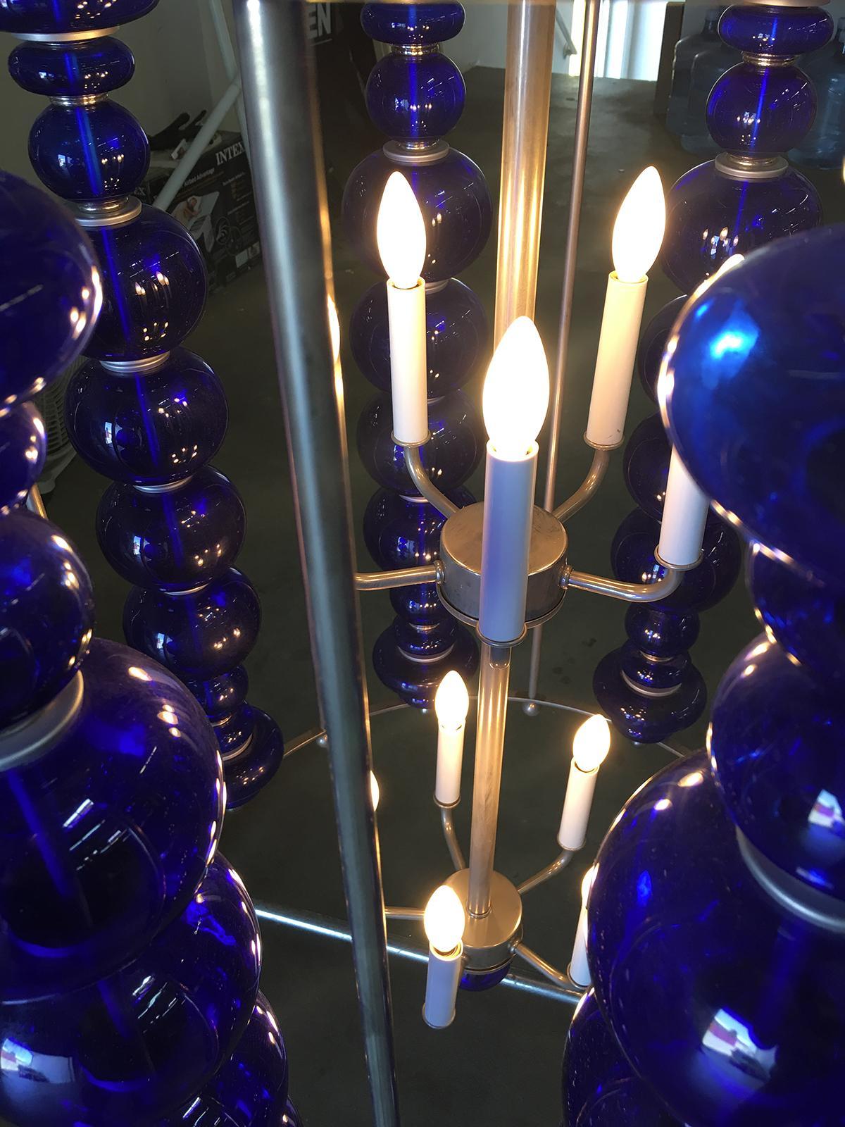 American Modern Stacked Cobalt Glass Chandelier with Nickel Finish