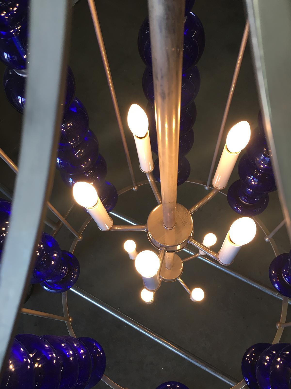 Modern Stacked Cobalt Glass Chandelier with Nickel Finish In Excellent Condition In Van Nuys, CA
