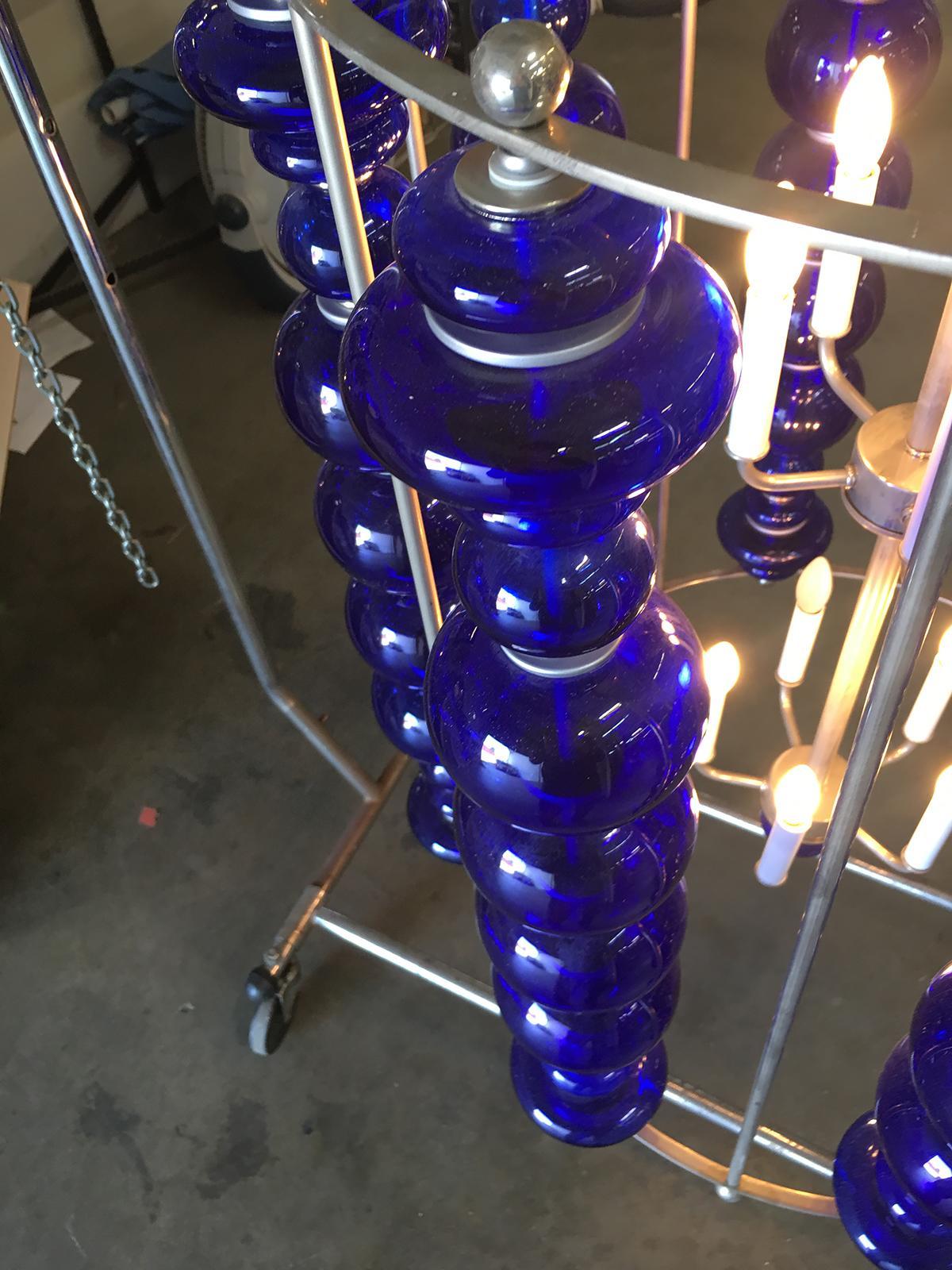 Contemporary Modern Stacked Cobalt Glass Chandelier with Nickel Finish