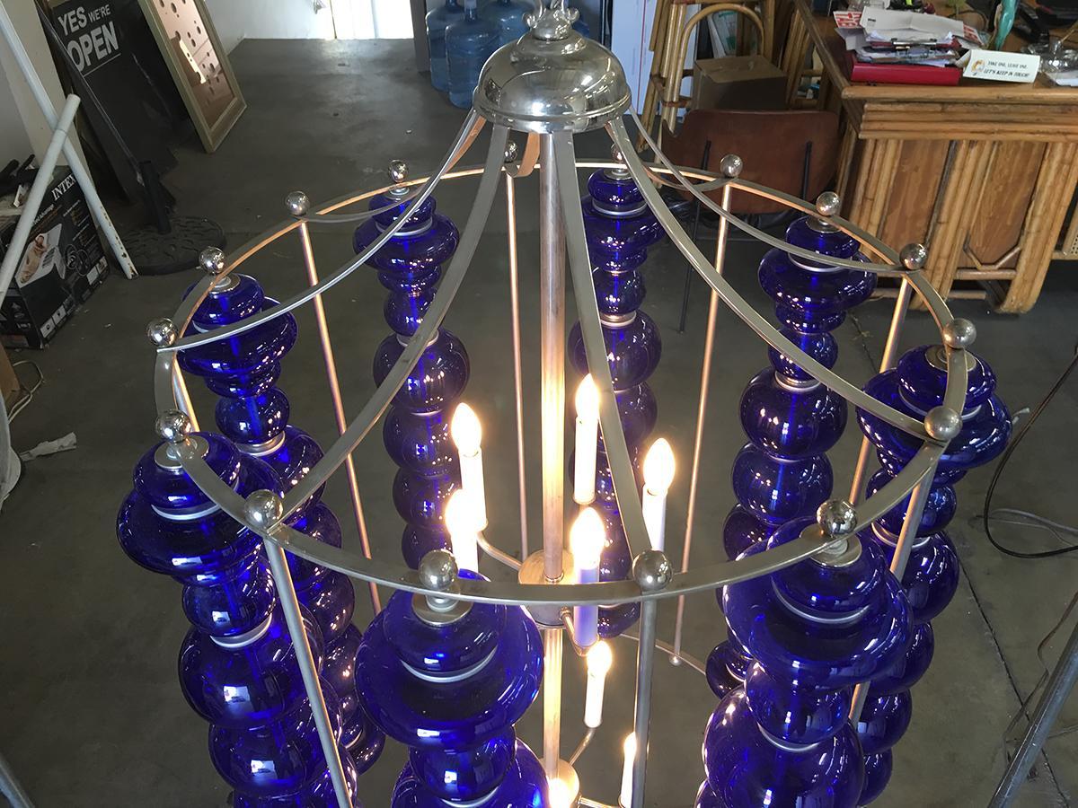 Modern Stacked Cobalt Glass Chandelier with Nickel Finish 1