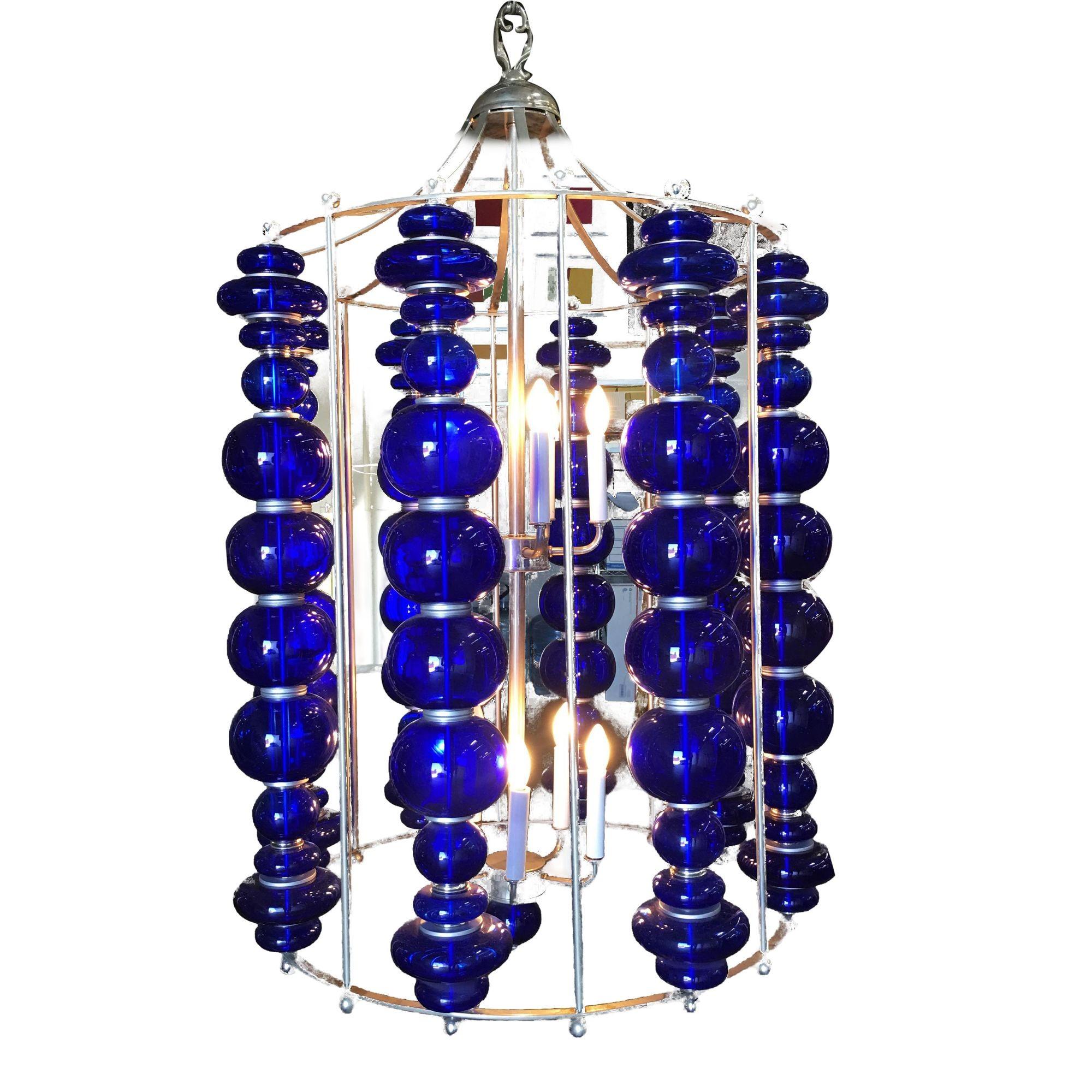 Mid-Century Modern Modern Stacked Cobalt Glass Chandelier with Nickel Finish For Sale