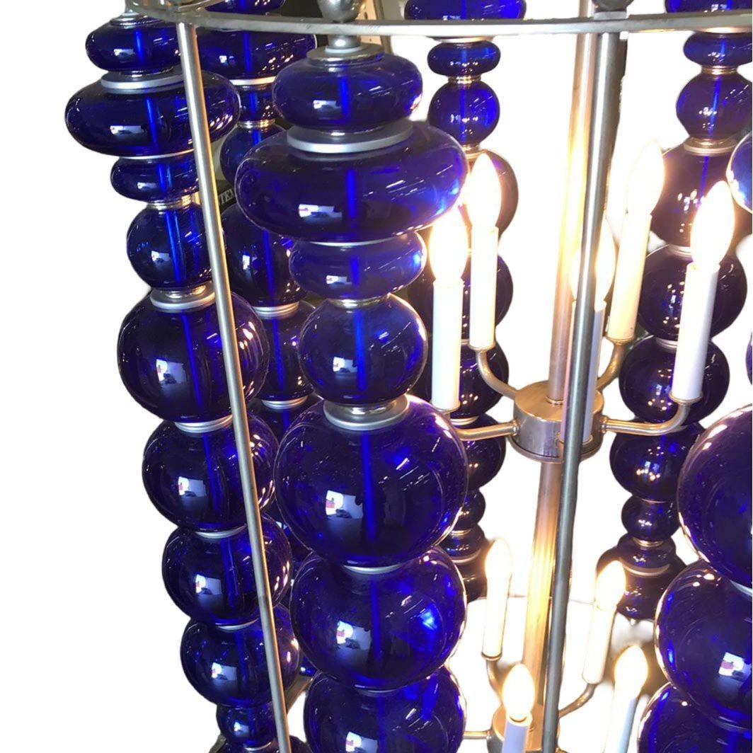 American Modern Stacked Cobalt Glass Chandelier with Nickel Finish For Sale