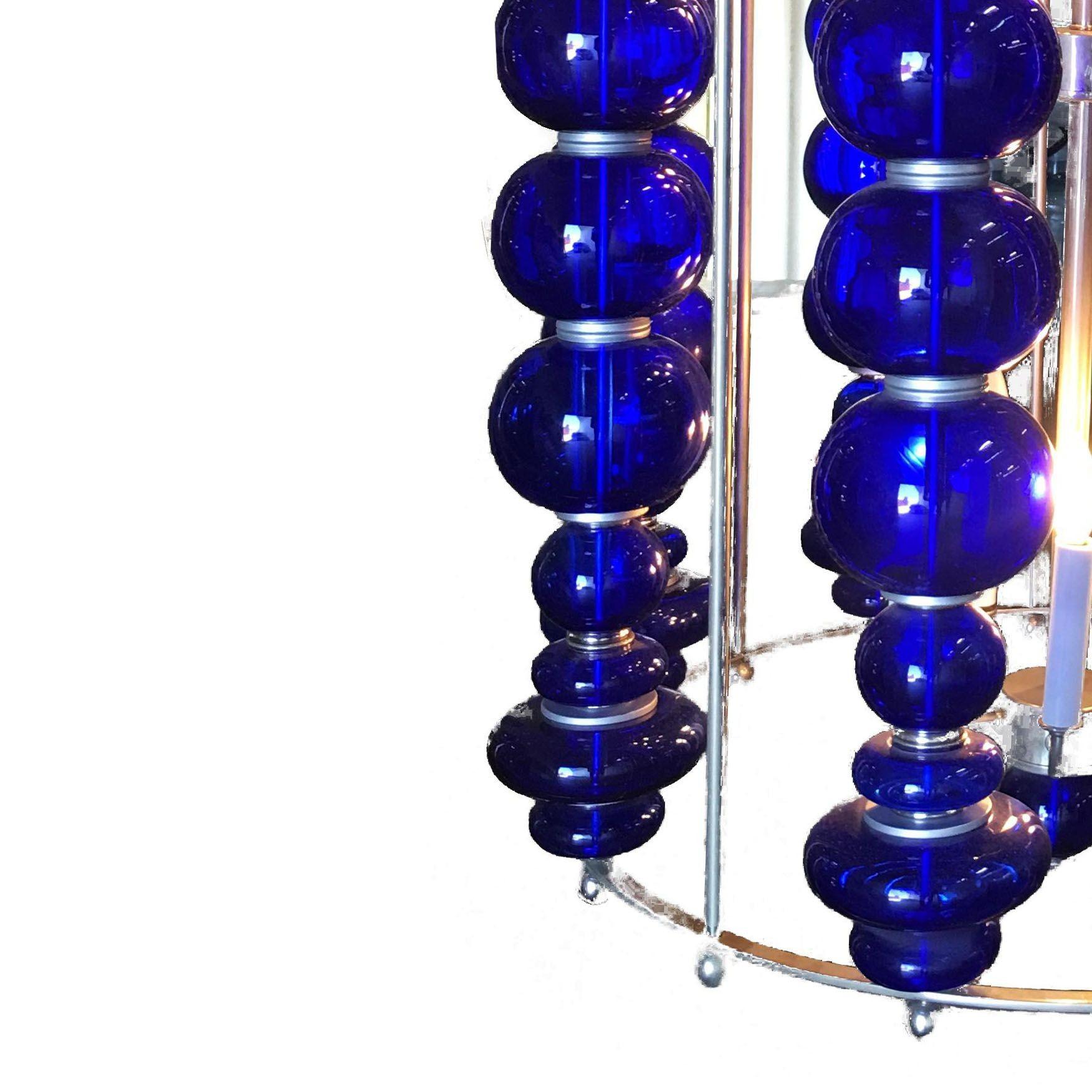 Modern Stacked Cobalt Glass Chandelier with Nickel Finish In New Condition For Sale In Van Nuys, CA
