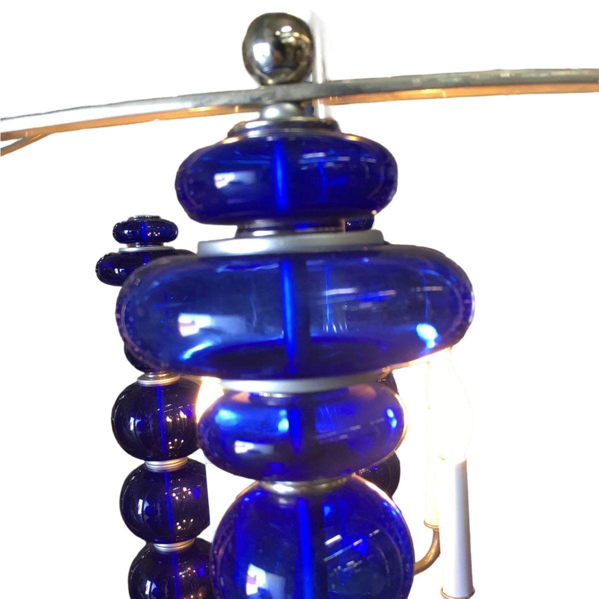Modern Stacked Cobalt Glass Chandelier with Nickel Finish For Sale 2