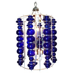 Modern Stacked Cobalt Glass Chandelier with Nickel Finish