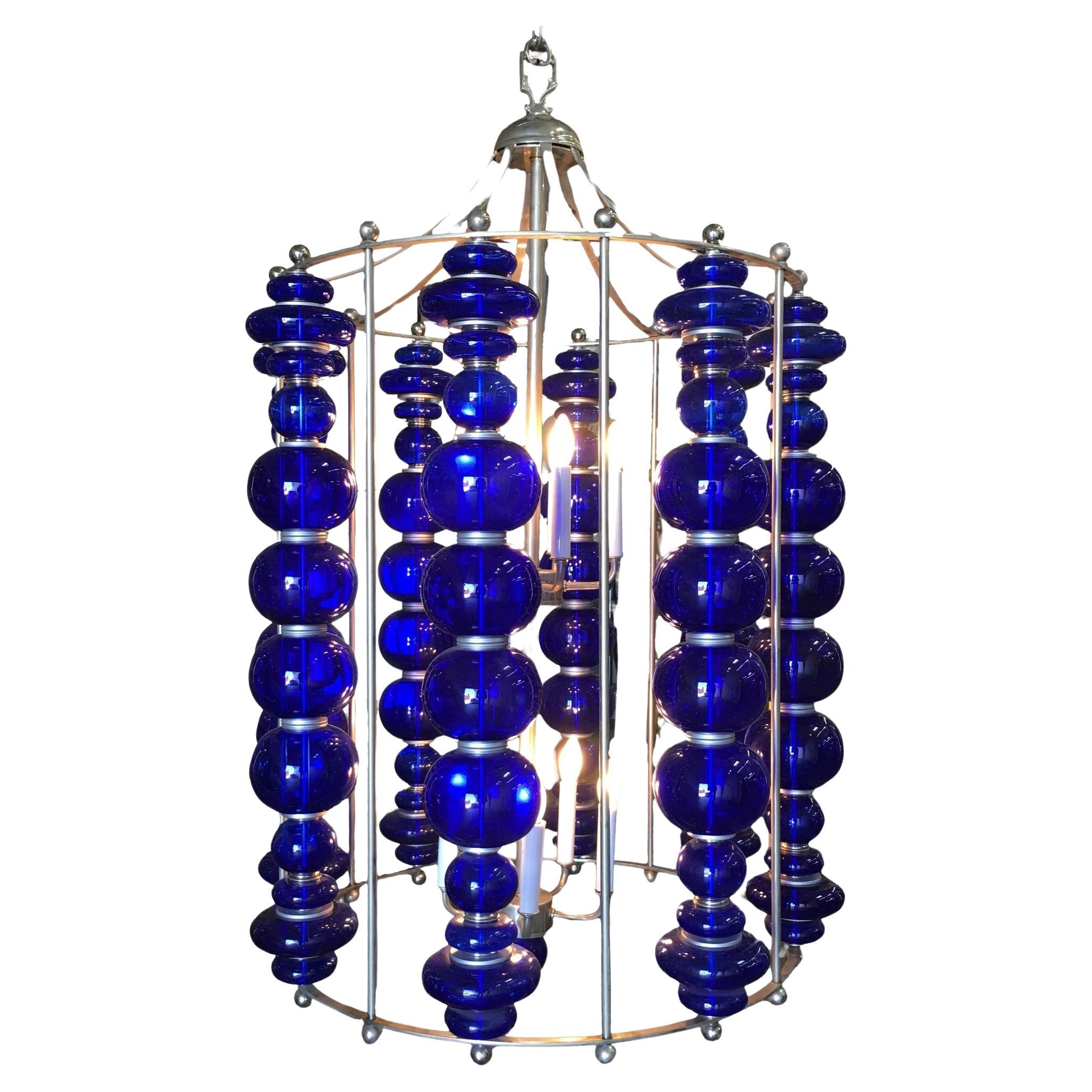 Modern Stacked Cobalt Glass Chandelier with Nickel Finish For Sale