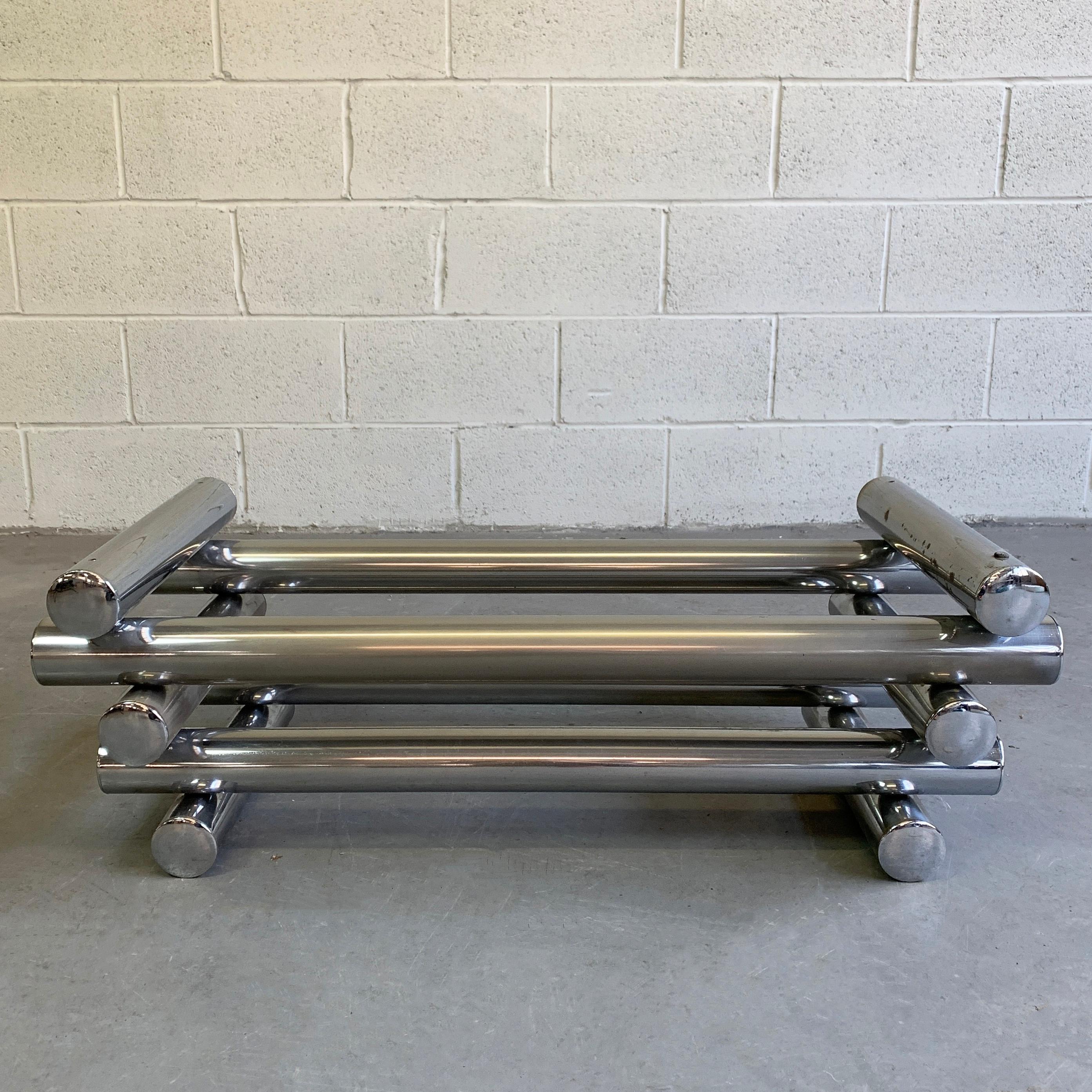 Interesting, 1970s modern, tubular chrome, coffee table base features 10 stacked, 2.5