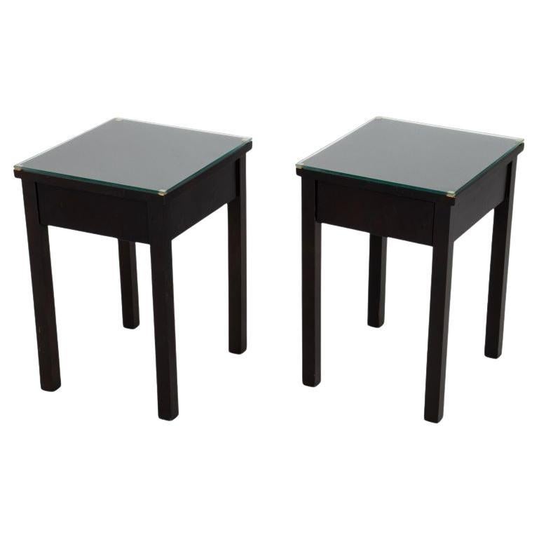 Modern Stained Birch Glass Top Accent Tables, Pair