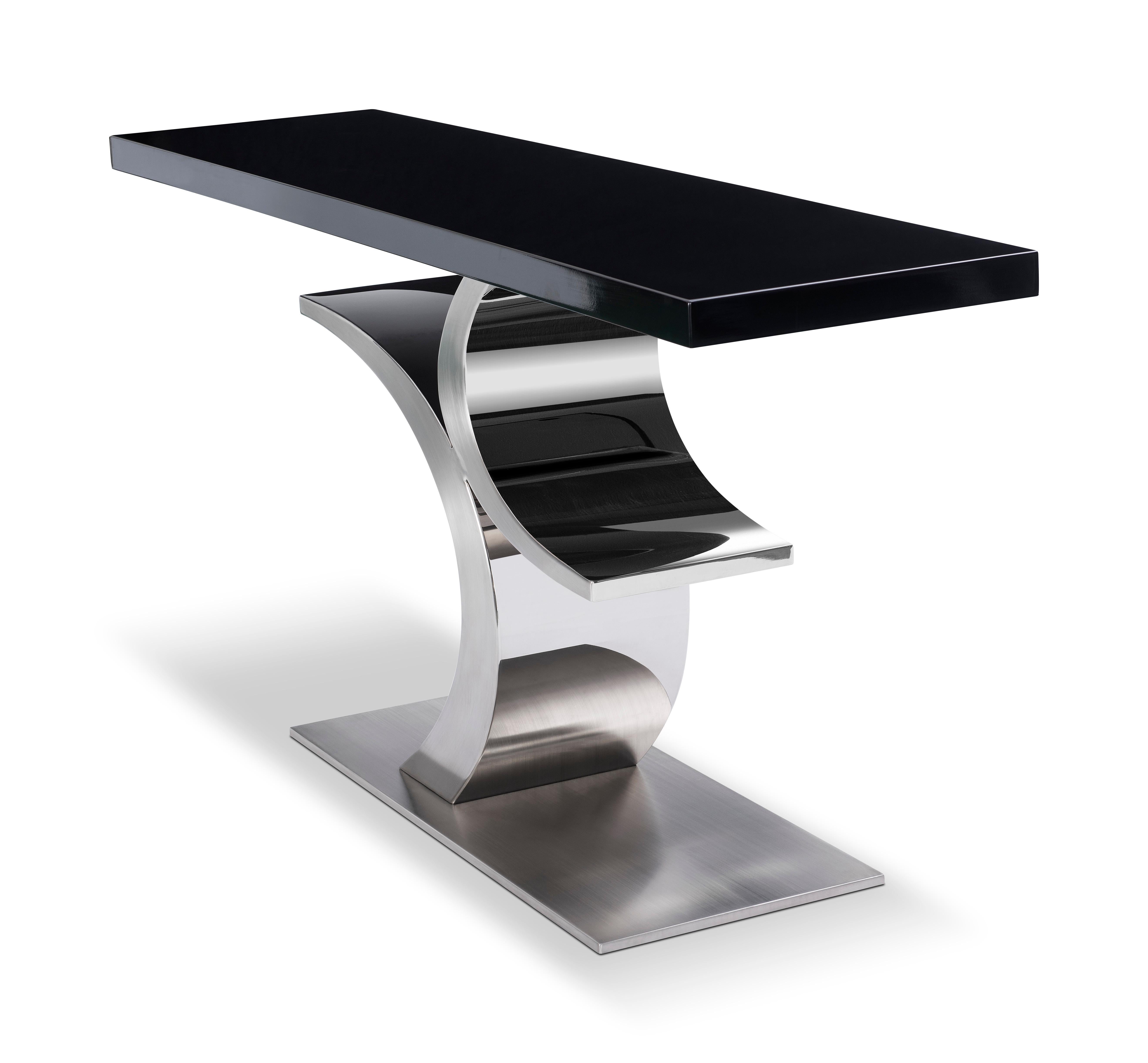 Chinese Modern Stainless Steel and black Lacquer console table designed by Greg Sheres For Sale