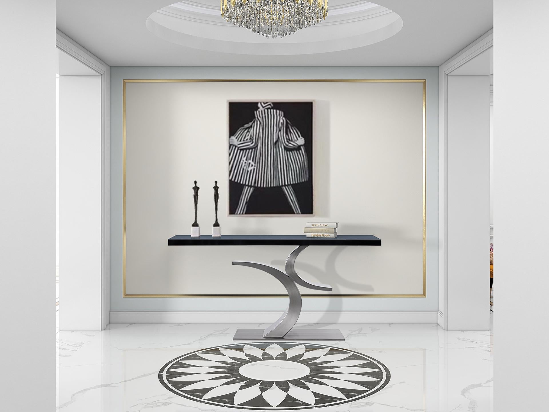 Lacquered Modern Stainless Steel and black Lacquer console table designed by Greg Sheres For Sale