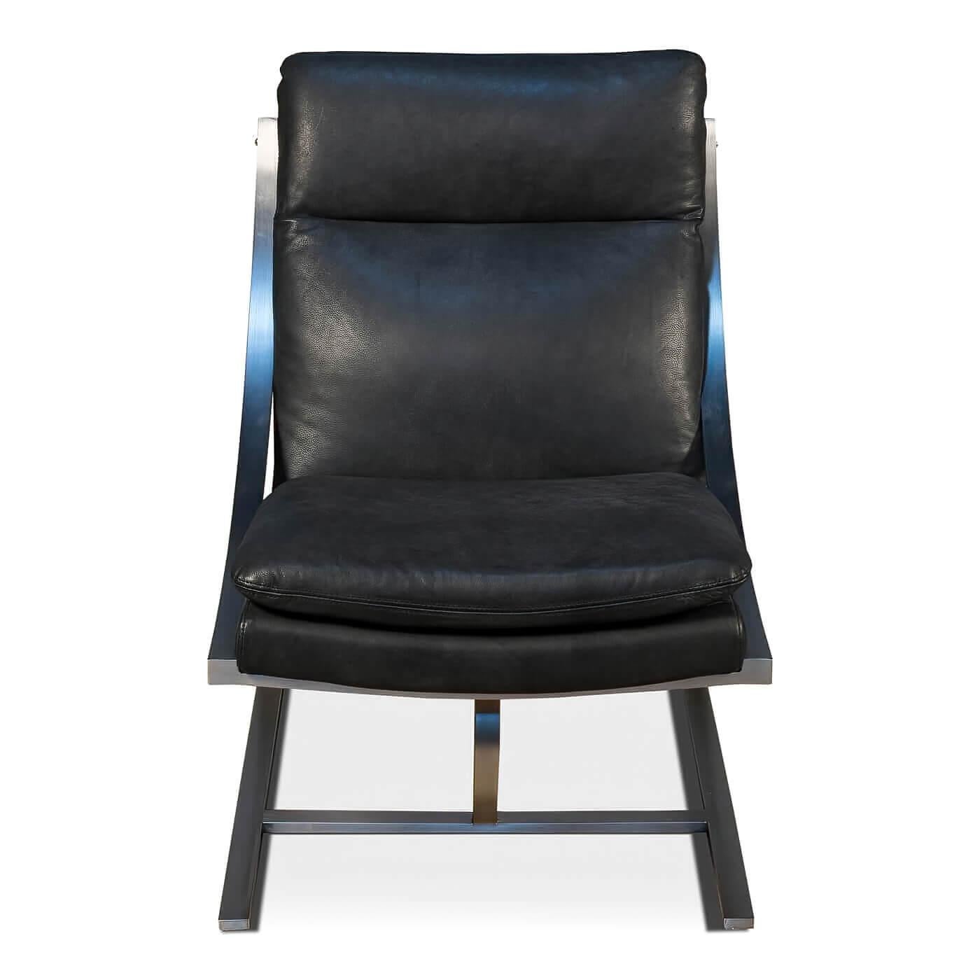 Modern stainless steel and leather chair, warm luxurious black leather with a brushed stainless steel design in a clean and contemporary design. 

Crafted of pure Aneline top-grade leather in Black 