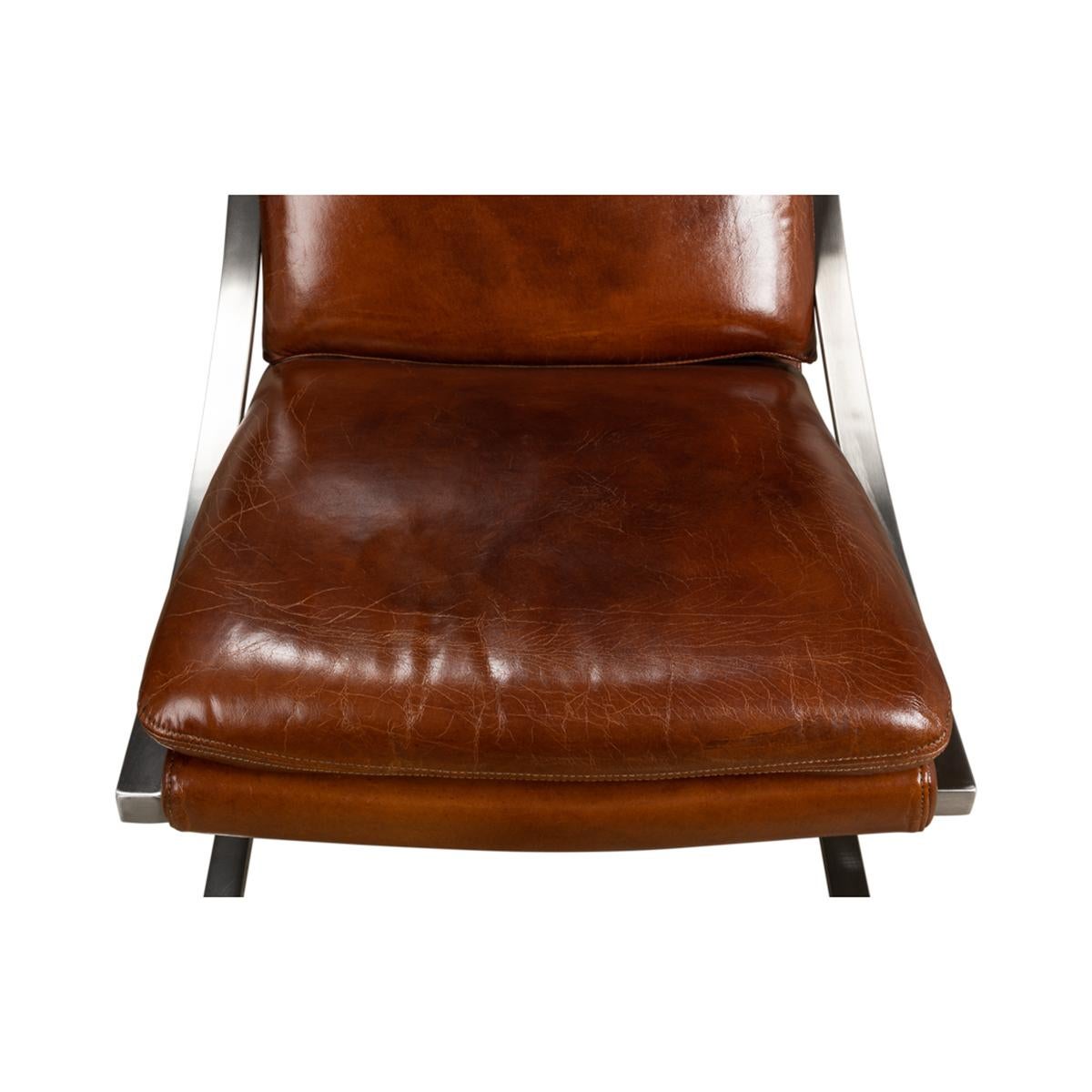 Modern Stainless Steel and Brown Leather Chair For Sale 2