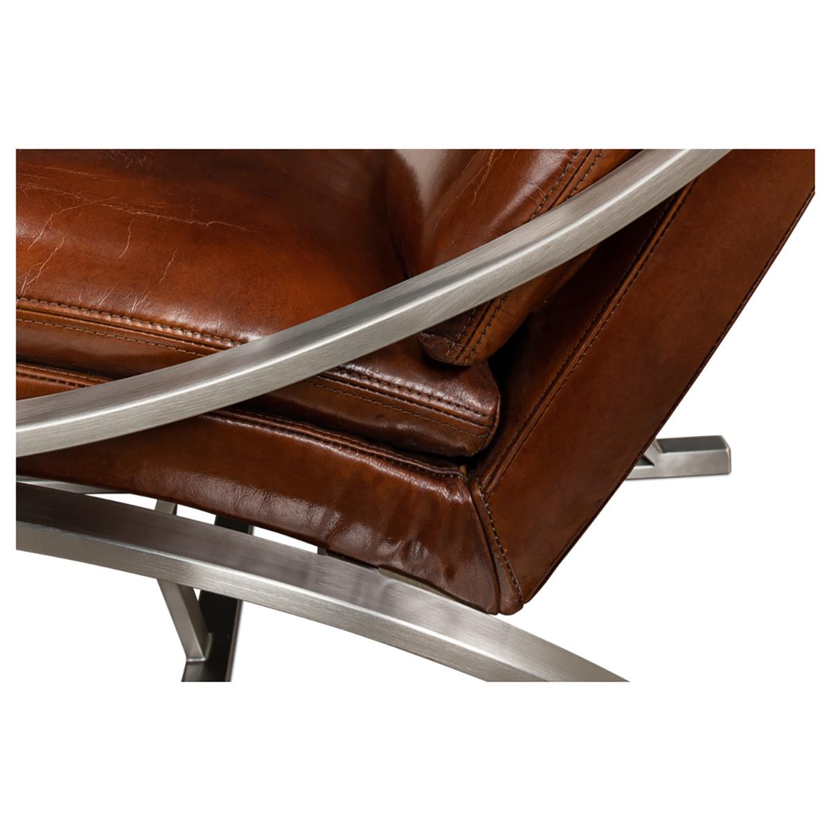 Modern Stainless Steel and Brown Leather Chair For Sale 3