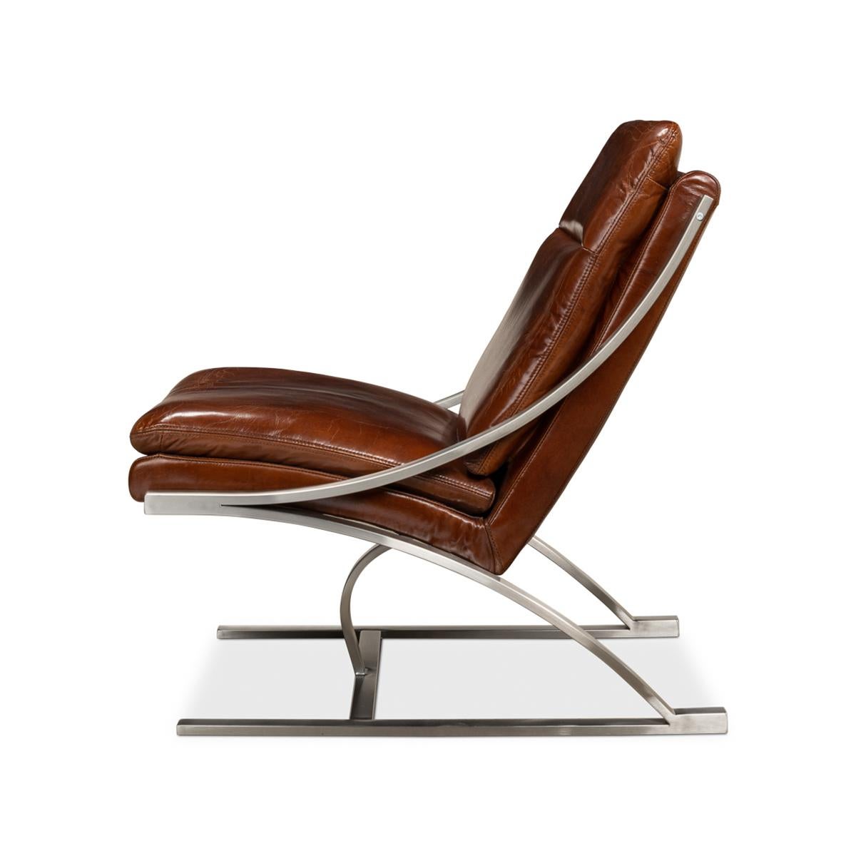 Mid-Century Modern Chaise moderne en acier inoxydable et cuir marron en vente