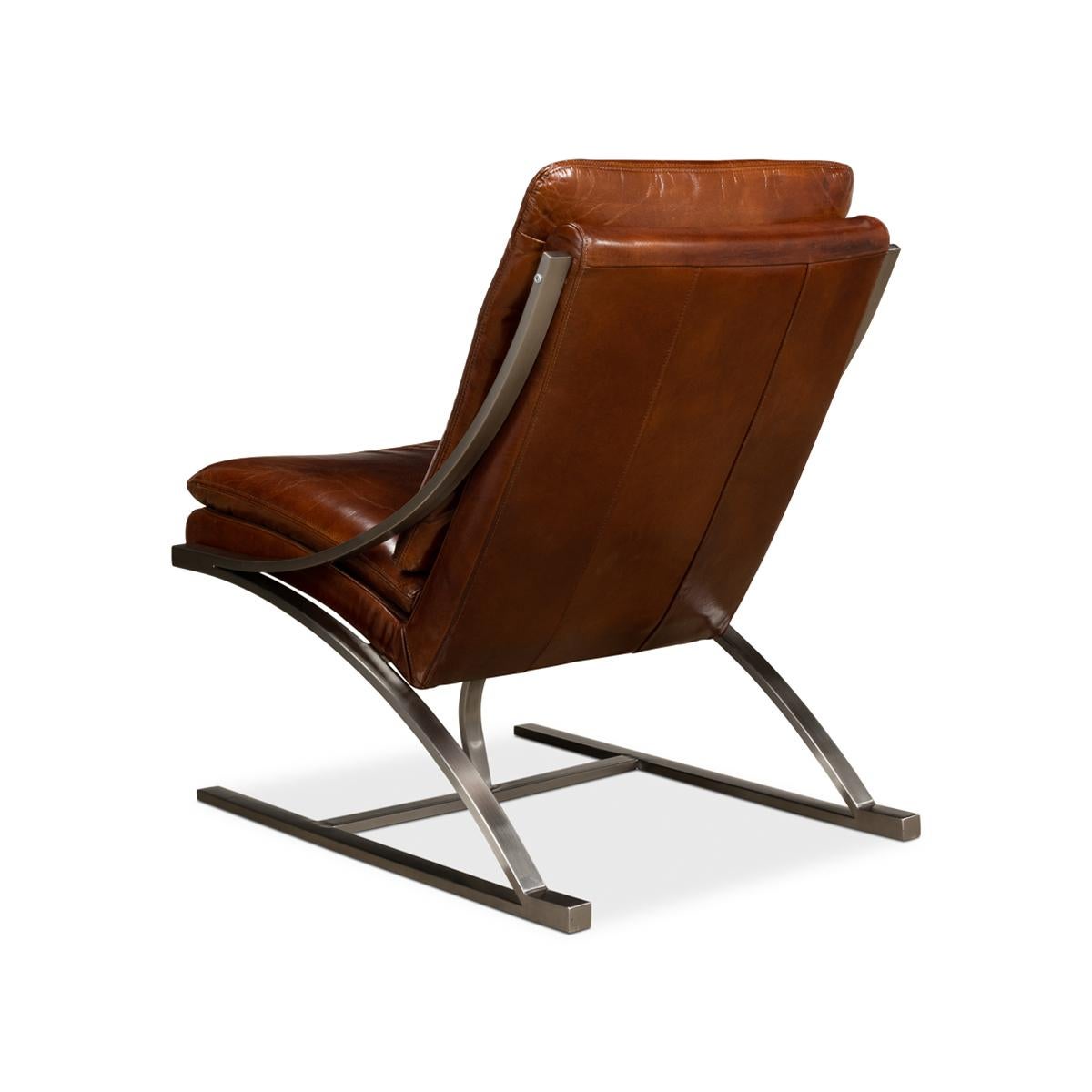 Asian Modern Stainless Steel and Brown Leather Chair For Sale