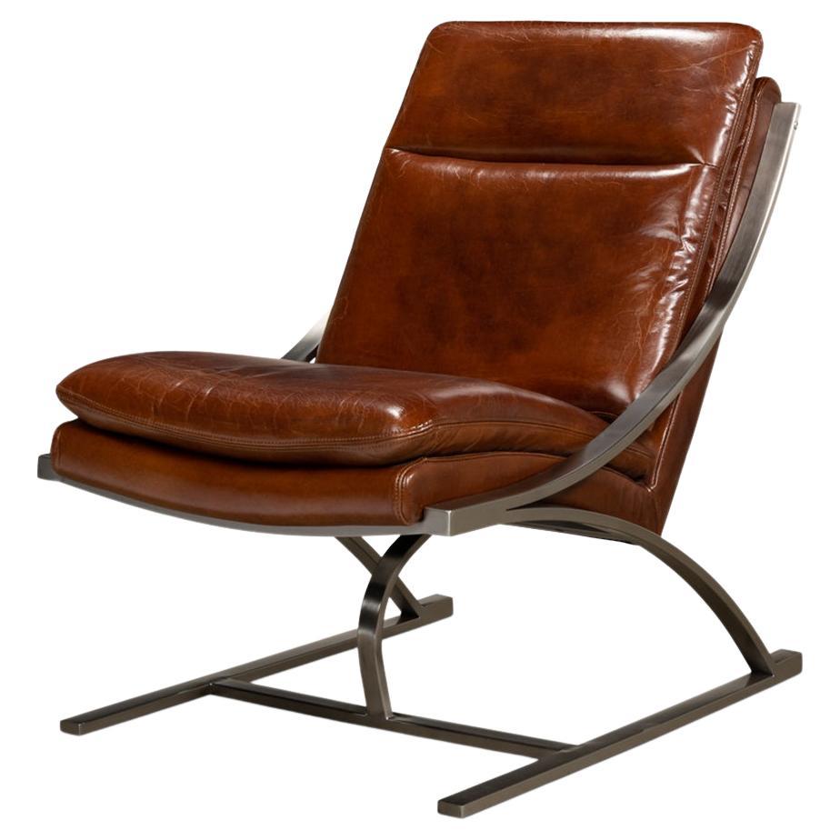 Modern Stainless Steel and Brown Leather Chair For Sale