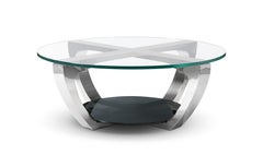 Modern stainless steel and glass cocktail table designed by Greg Sheres.In Stock