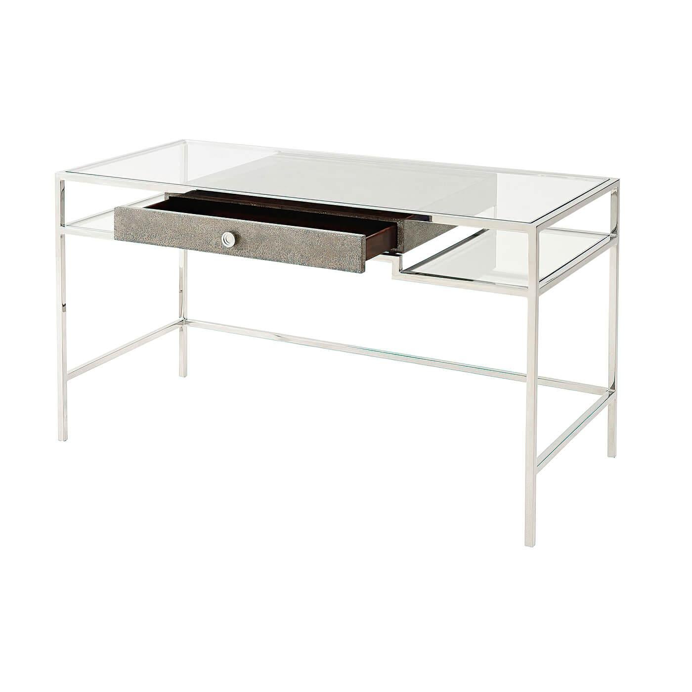 Modern stainless steel and glass desk with drawer and tempered glass writing surface.

Dimensions: 54