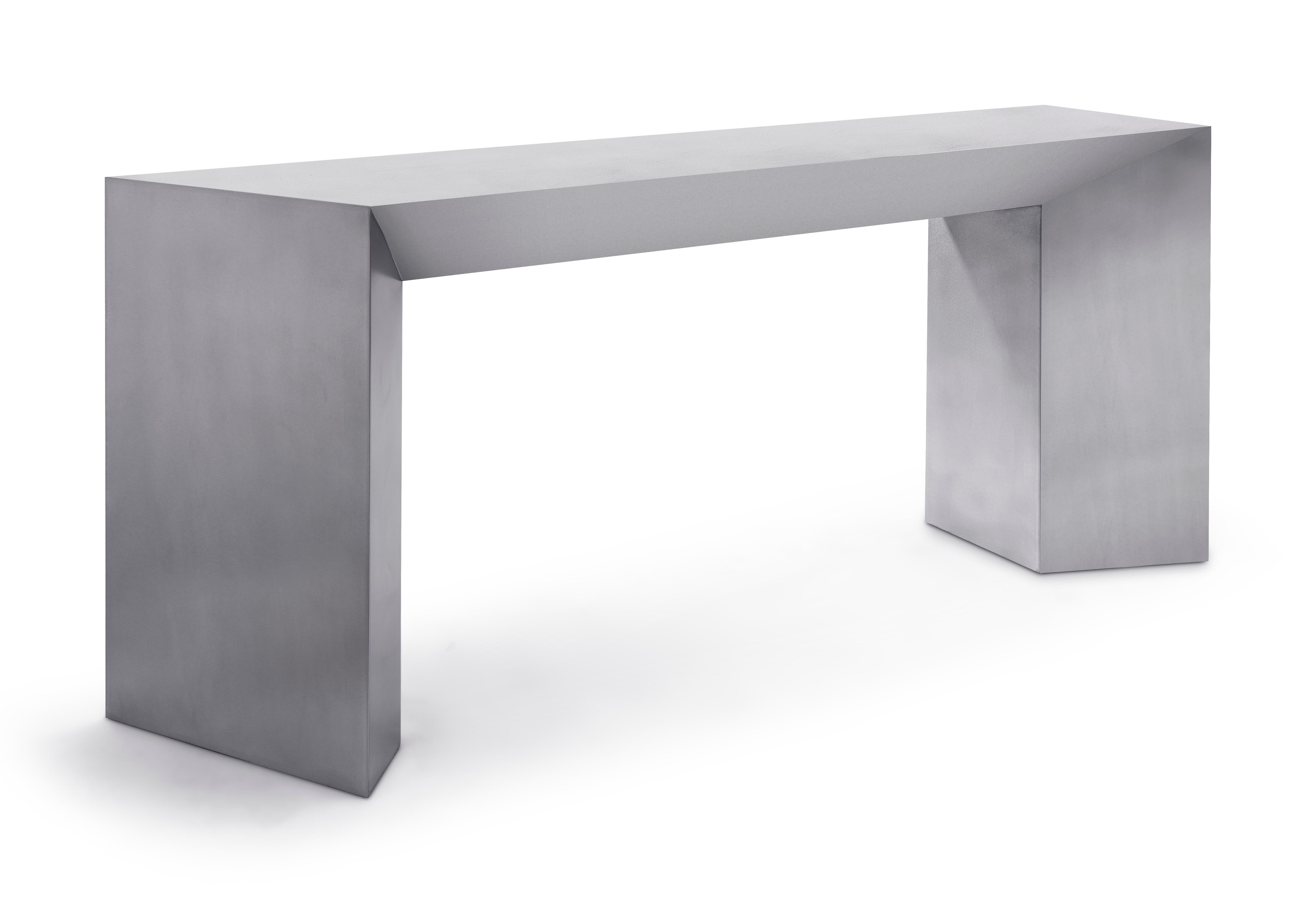 Brushed Modern stainless steel Console table designed by Greg Sheres.  Now in stock. For Sale