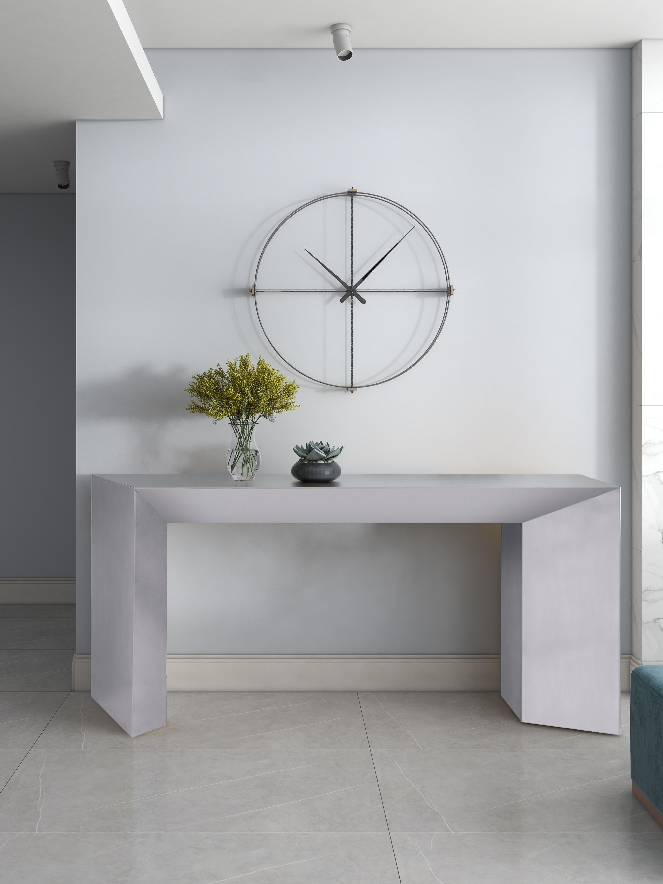 Modern stainless steel Console table designed by Greg Sheres.  Now in stock. In New Condition For Sale In Hilton Head Island, SC