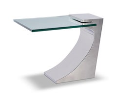 Modern Stainless steel lamp table designed by Greg Sheres.  Cantilevered glass.