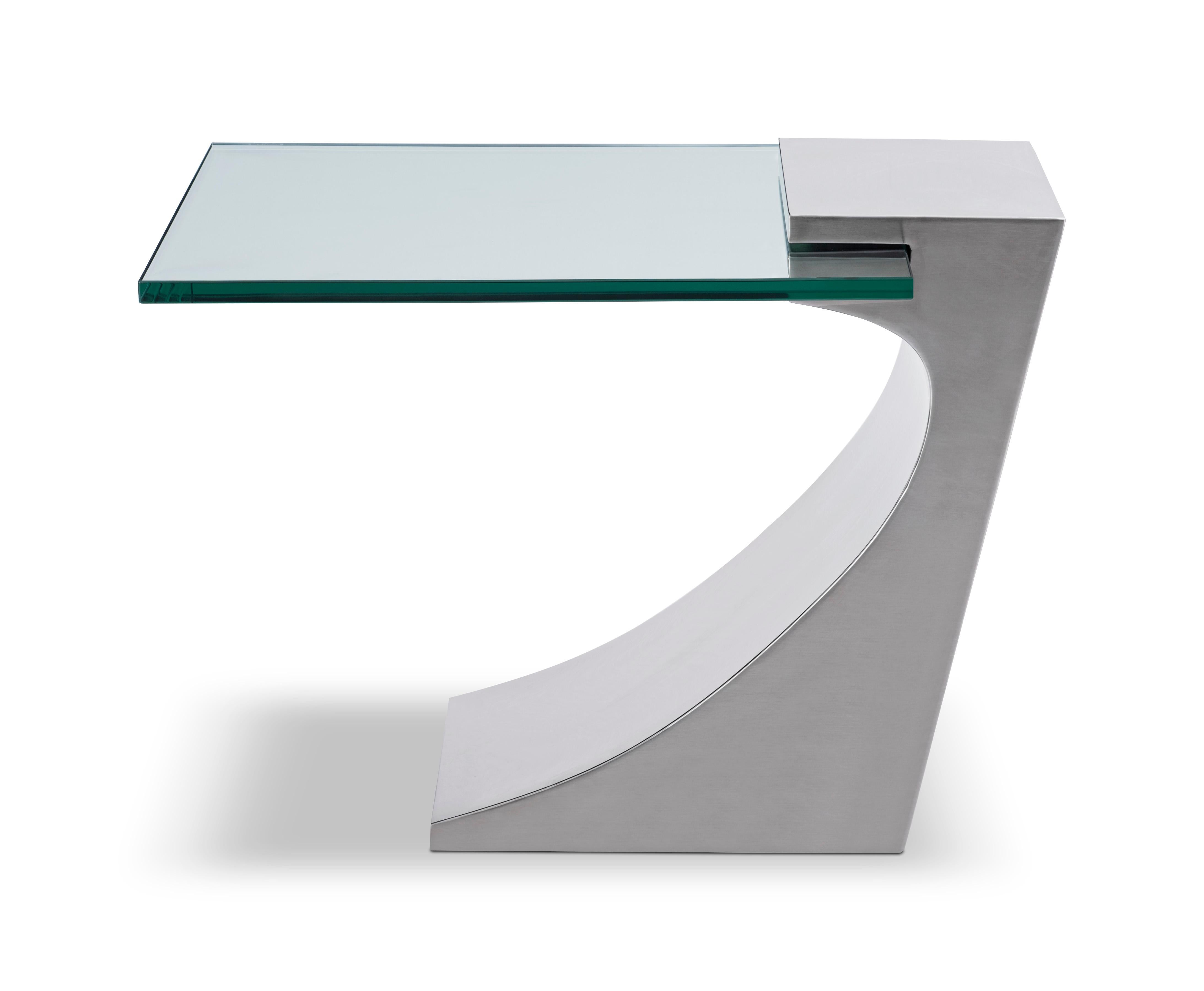 Moderner Lampentisch aus Edelstahl, entworfen von Greg Sheres.  Freitragendes Glas. (Chinesisch) im Angebot