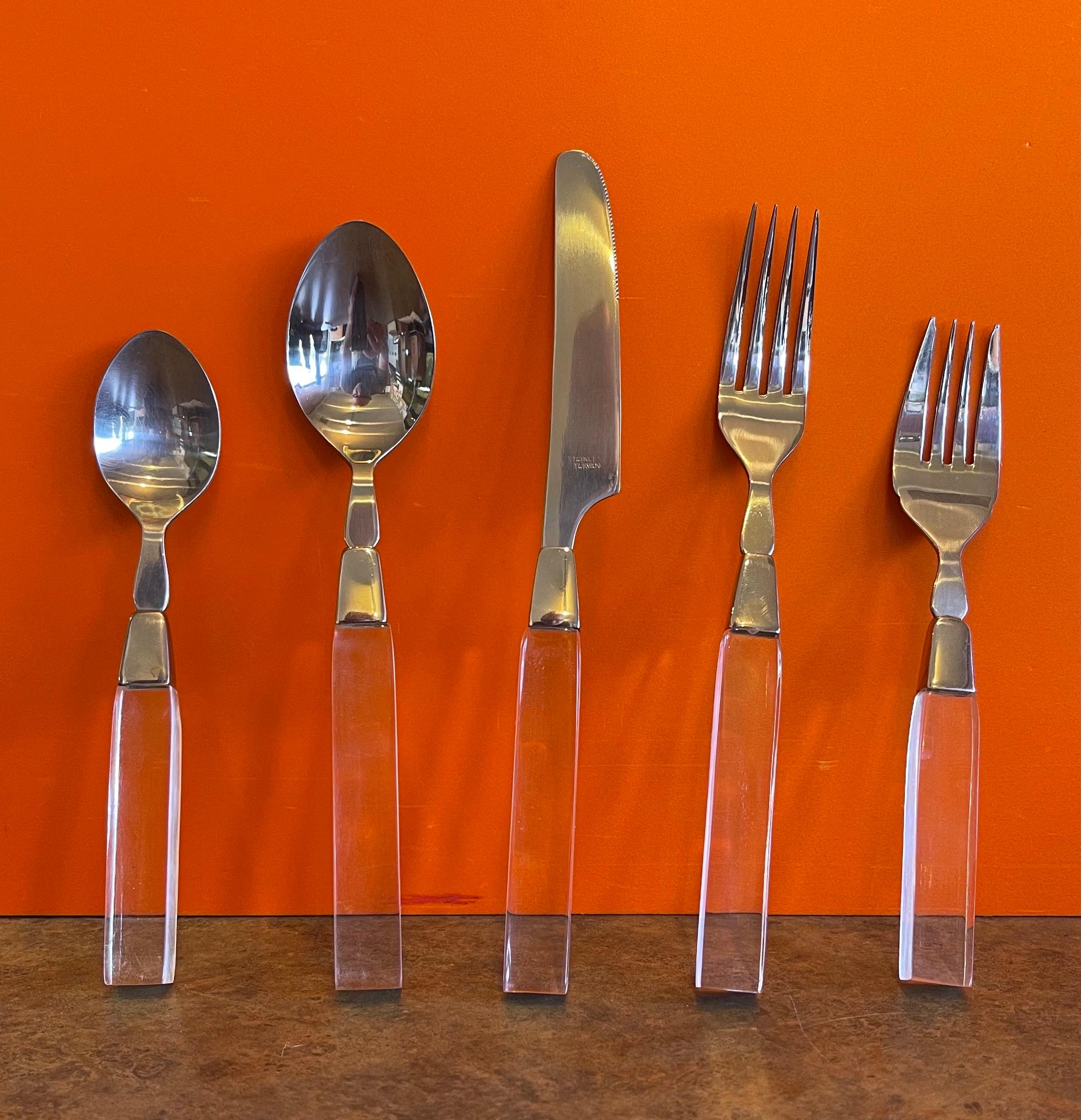 Modern Stainless Steel & Lucite Flatware Set for Seven Plus by Lifetime Cutlery In Good Condition For Sale In San Diego, CA