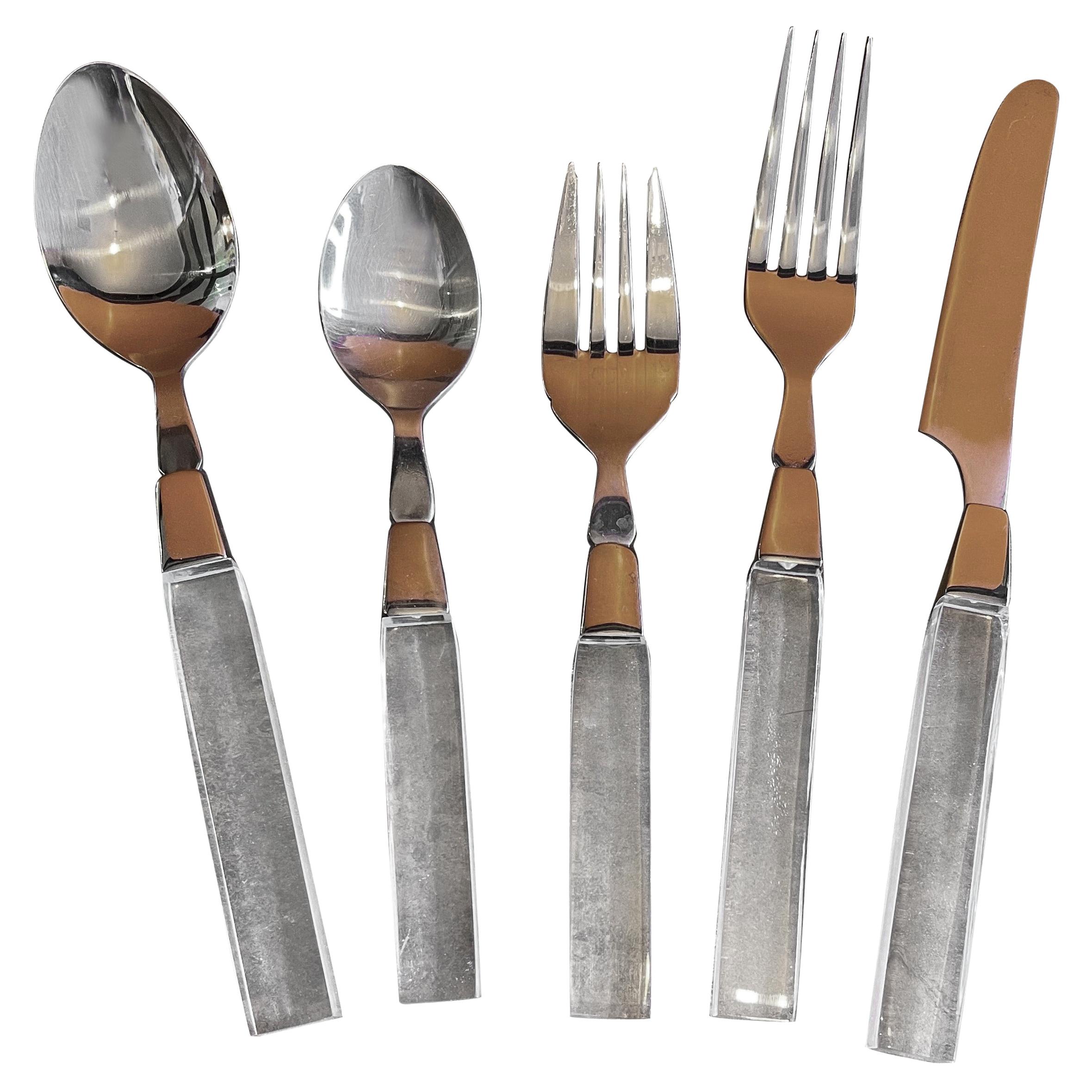 Modern Stainless Steel & Lucite Flatware Set for Seven Plus by Lifetime Cutlery For Sale