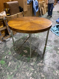 Modern Stainless Steel & Walnut Book-Matched Wood Round Extension Dining Table
