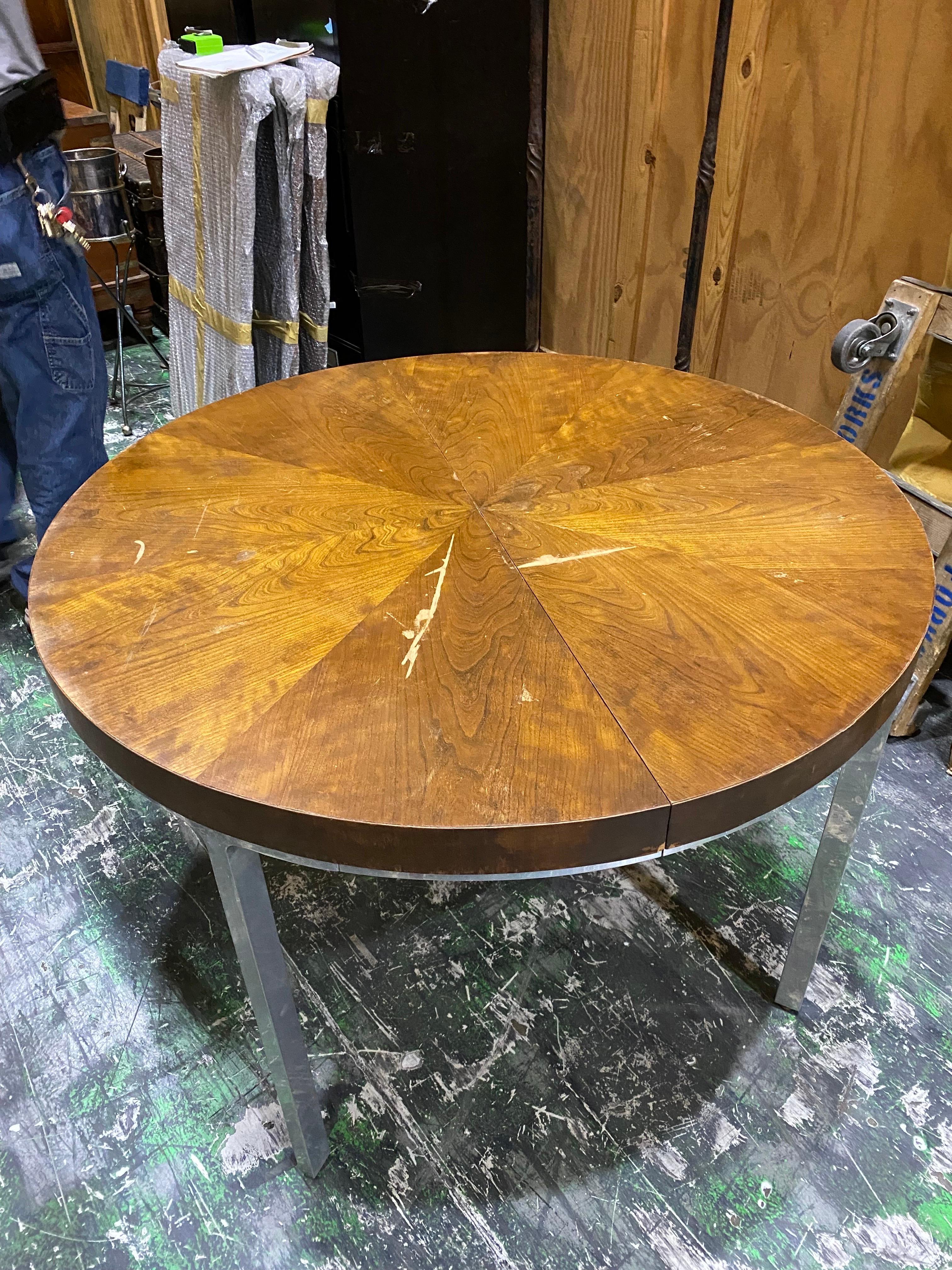 American Modern Stainless Steel & Walnut Book-Matched Wood Round Extension Dining Table For Sale