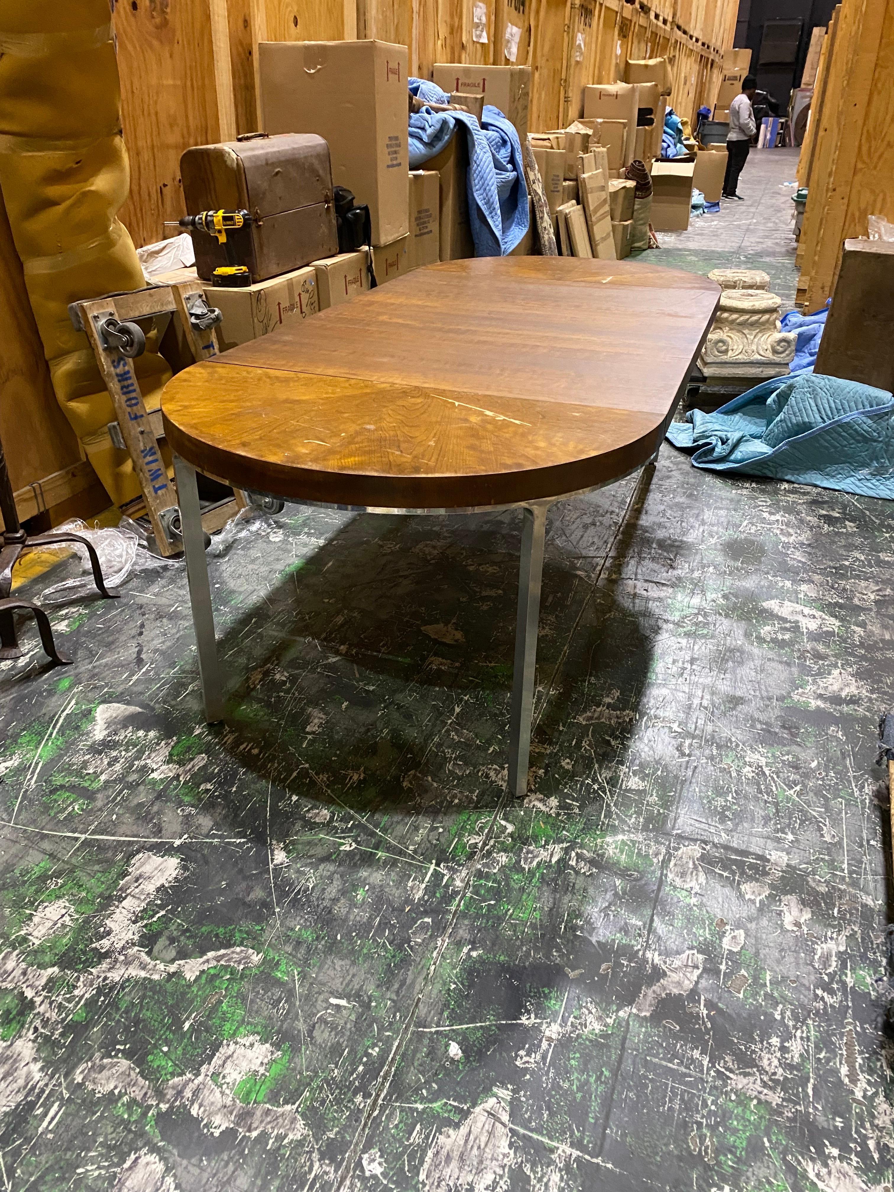 Modern Stainless Steel & Walnut Book-Matched Wood Round Extension Dining Table In Fair Condition In Southampton, NY
