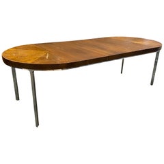 Modern Stainless Steel & Walnut Book-Matched Wood Round Extension Dining Table