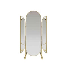 Art Deco Style Standing Floor Mirror With Leather Folding Panel & Brushed Brass