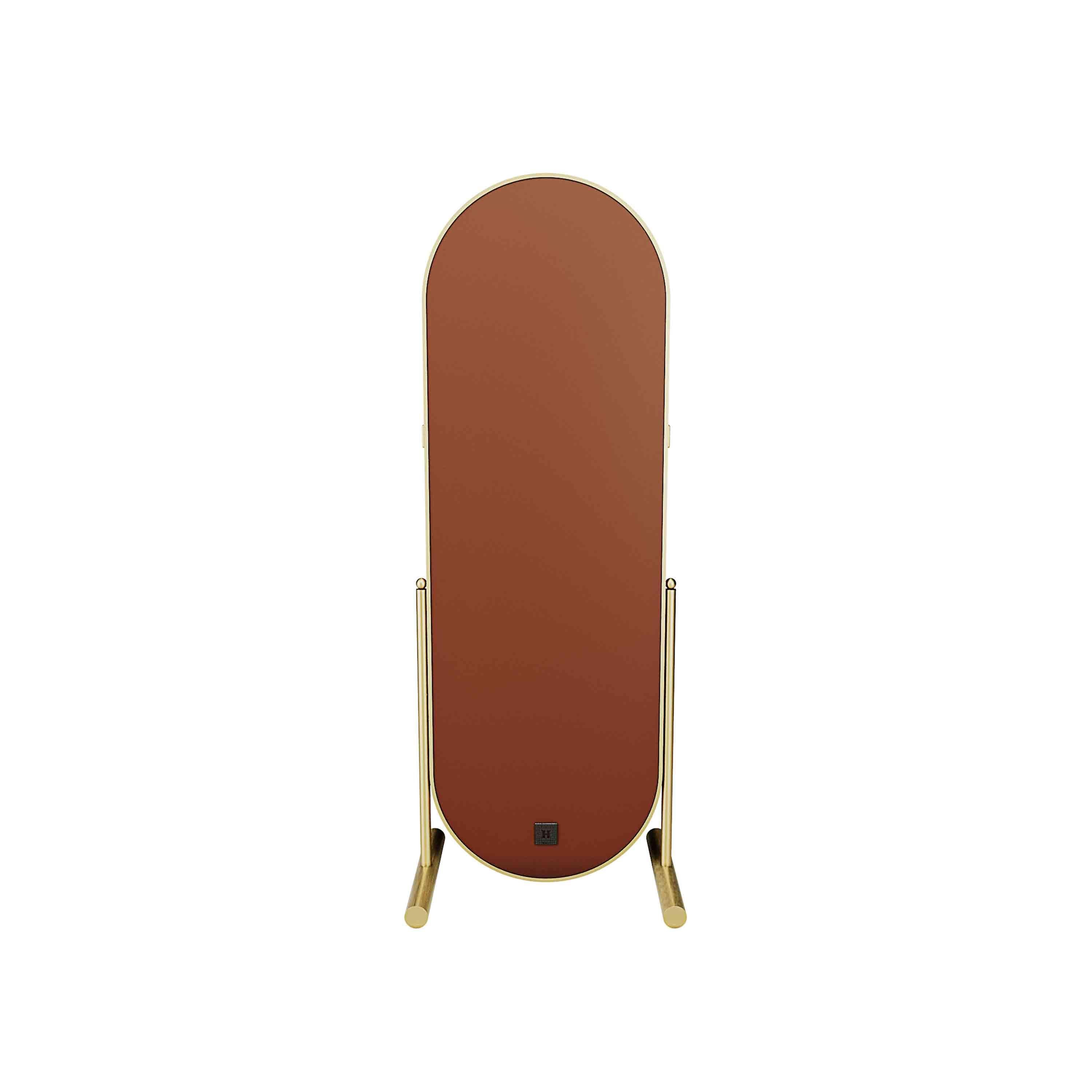 Contemporary Art Deco Style Standing Floor Mirror With Leather Folding Panel & Brushed Brass For Sale