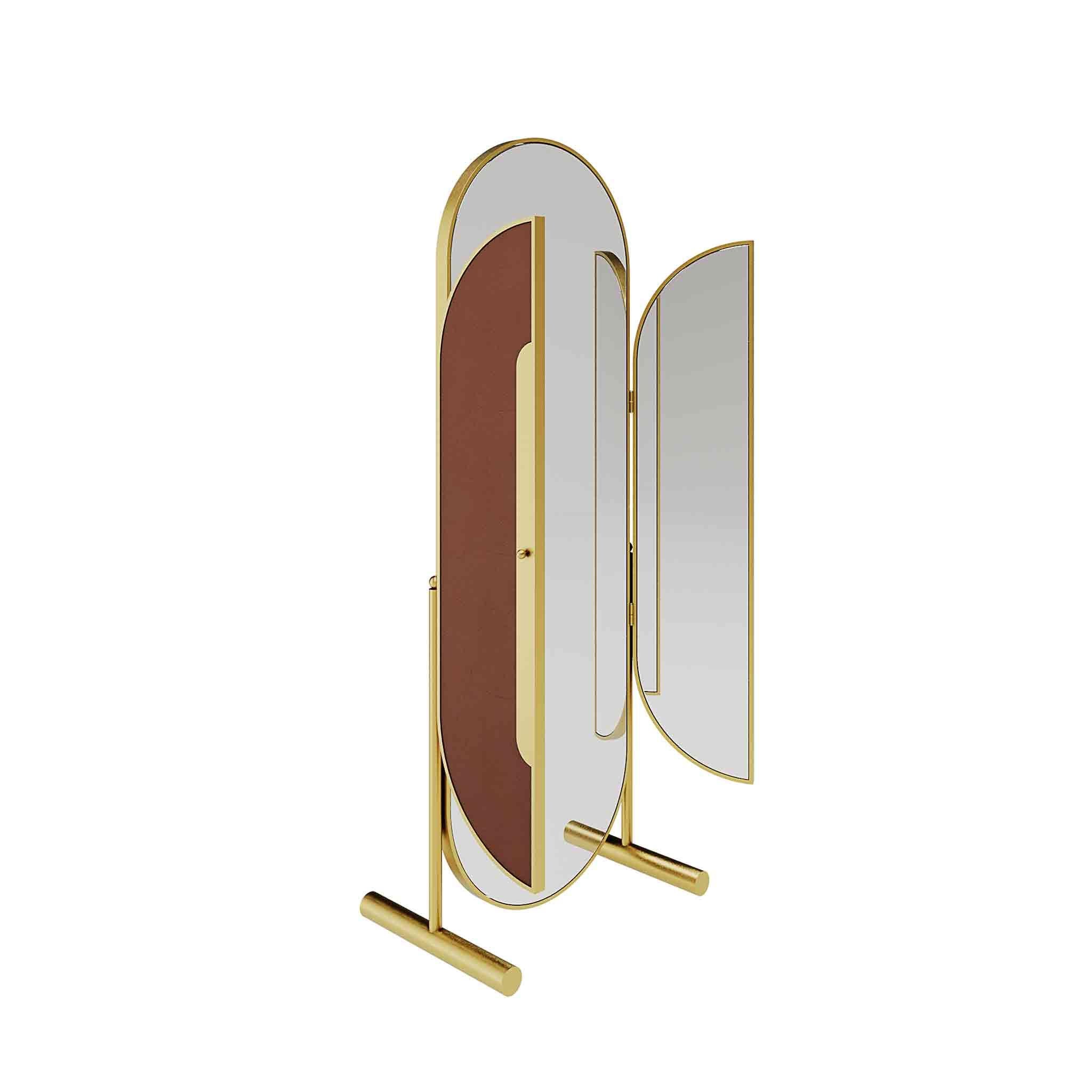 Hand-Crafted Art Deco Style Standing Floor Mirror With Leather Folding Panel & Brushed Brass For Sale