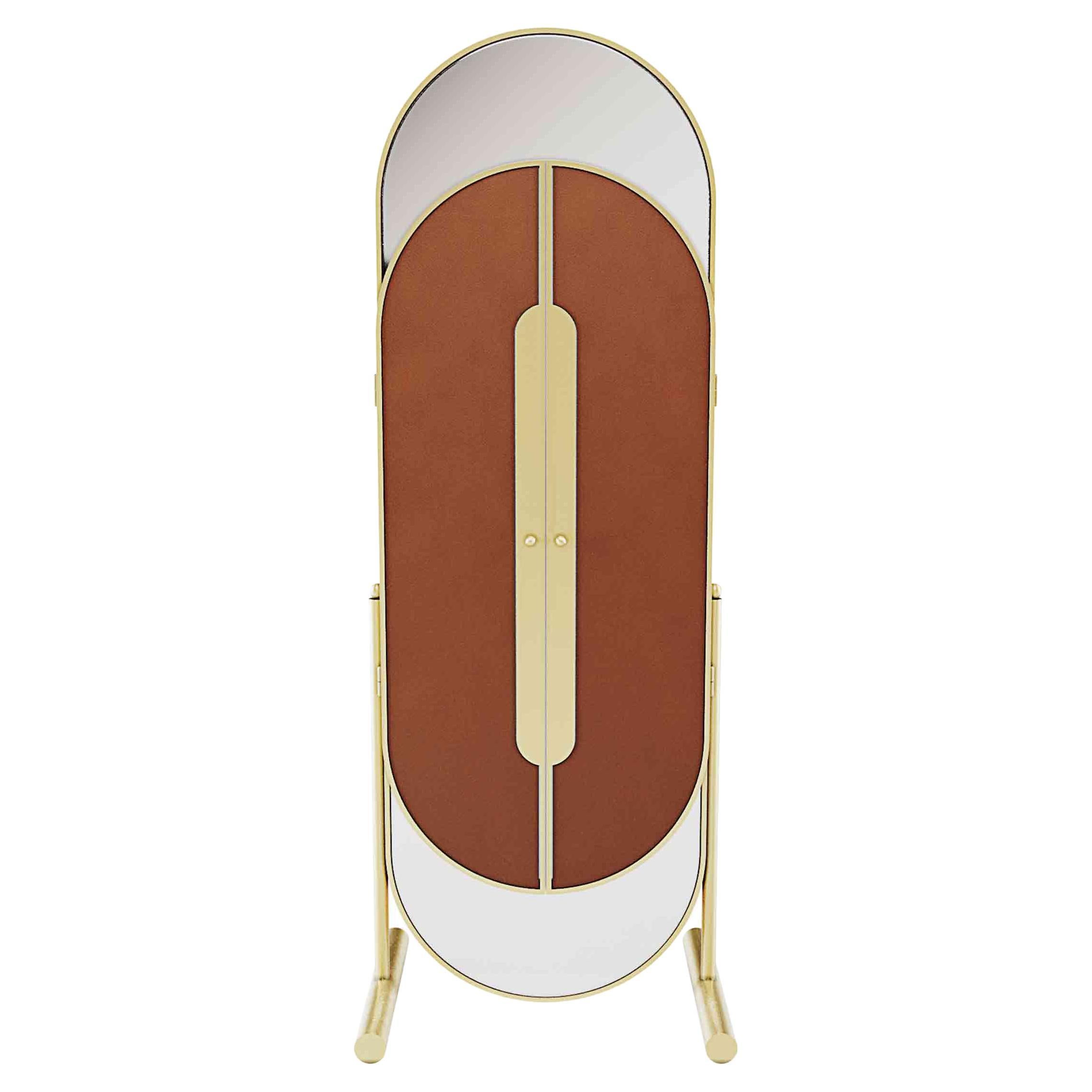 Miroir sur pied de style Art déco avec panneau pliant en cuir et laiton brossé