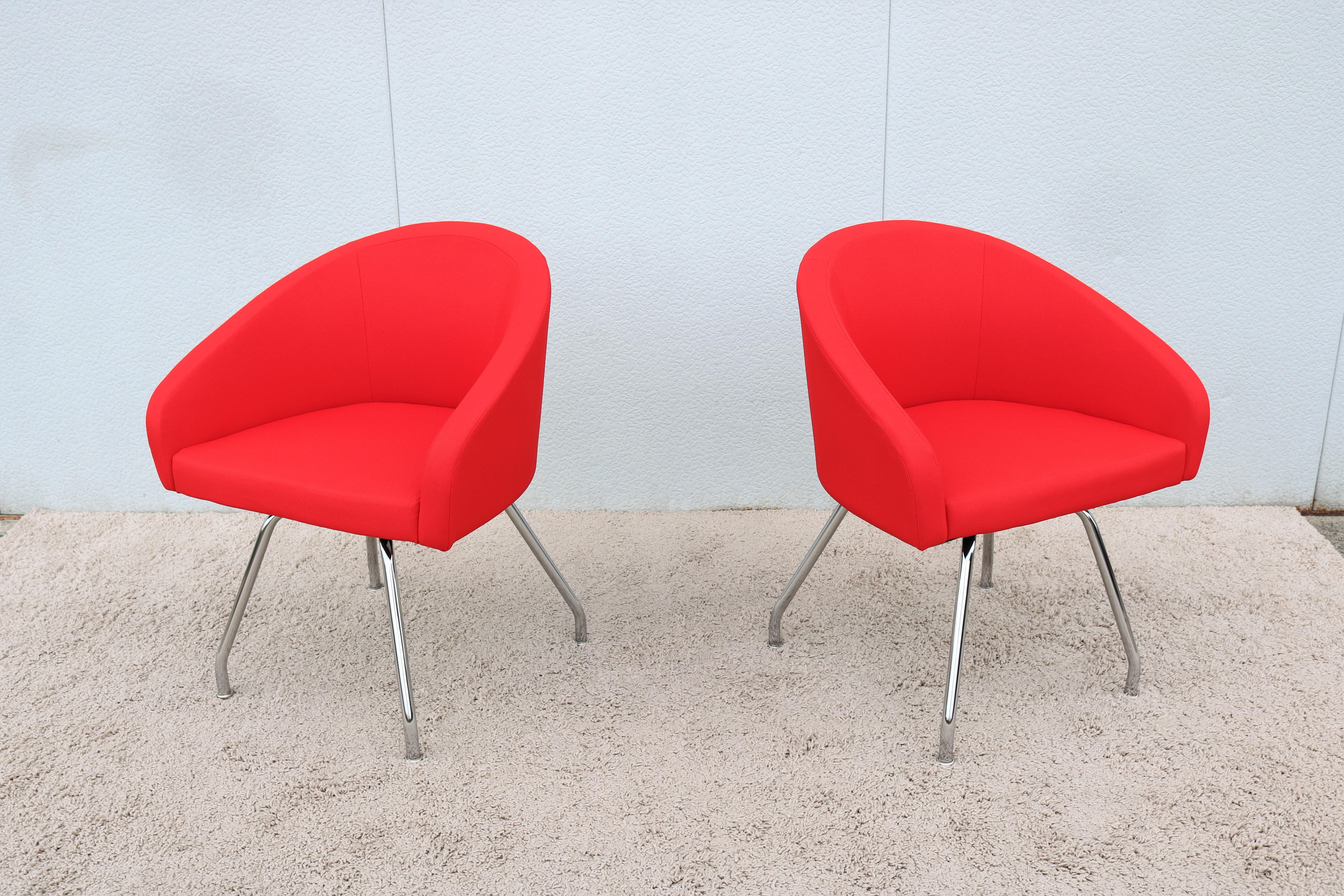 Plated Modern Stanley Felderman for Haworth Collaborate Red Swivel Side Chairs, Pair For Sale