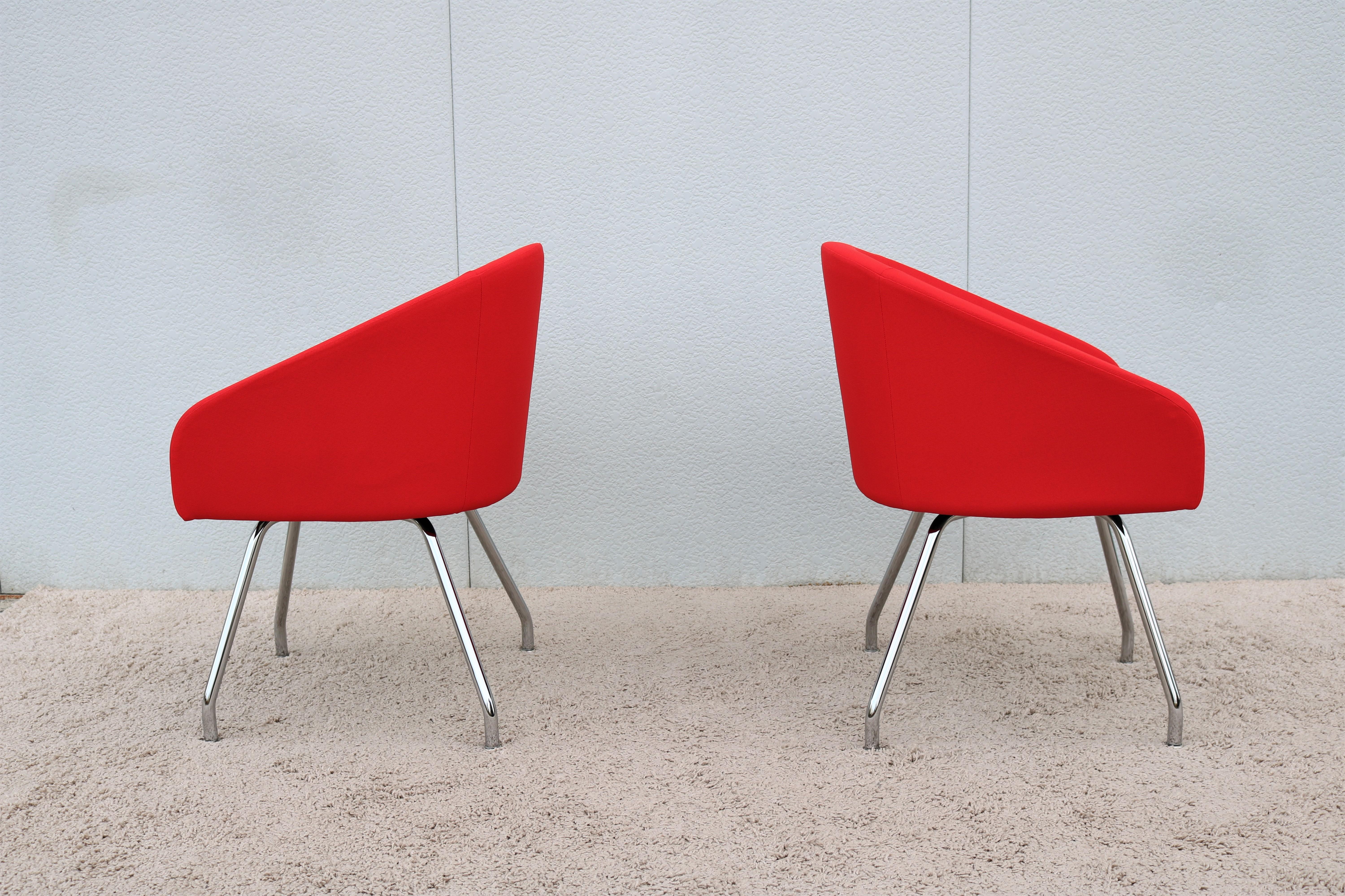 Steel Modern Stanley Felderman for Haworth Collaborate Red Swivel Side Chairs, Pair For Sale