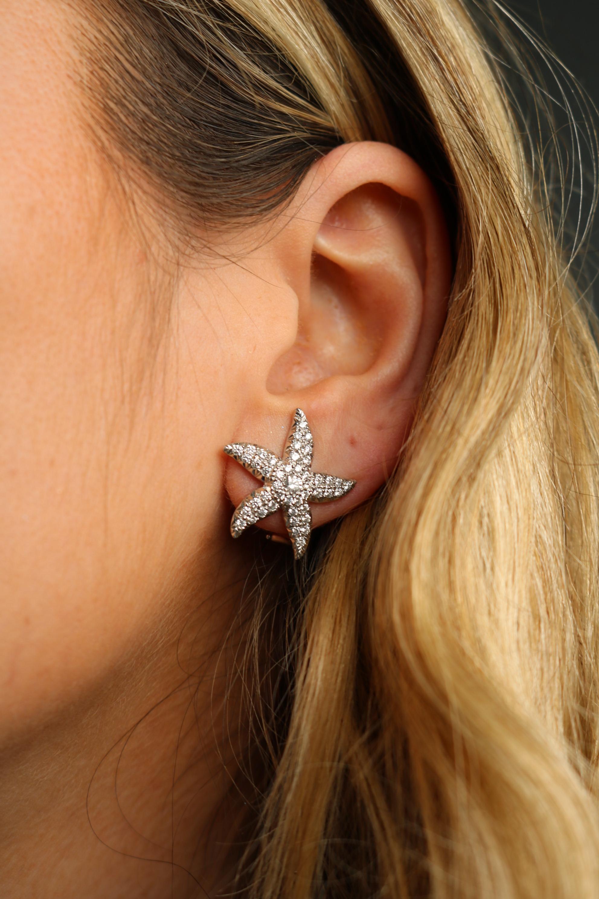 Orecchini moderni con diamanti a stella Omega Back Clip Ons in oro bianco 18K ~1.2ctw in vendita 3