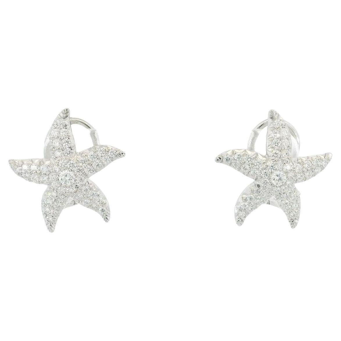 Modern Starfish Diamond Earrings Omega Back Clip Ons 18K White Gold ~1.2ctw