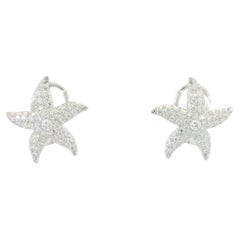 Modern Starfish Diamond Earrings Omega Back Clip Ons 18K White Gold ~1.2ctw