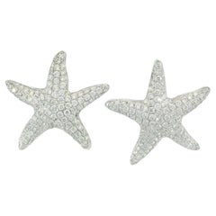 Modern Starfish Diamond Earrings Omega Back Clip Ons 14K White Gold ~1ctw